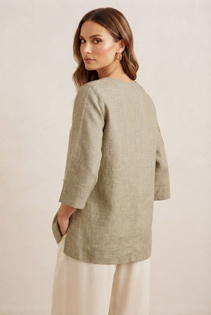 Olive Green Floral Thread Linen Tunic Top — alternate view