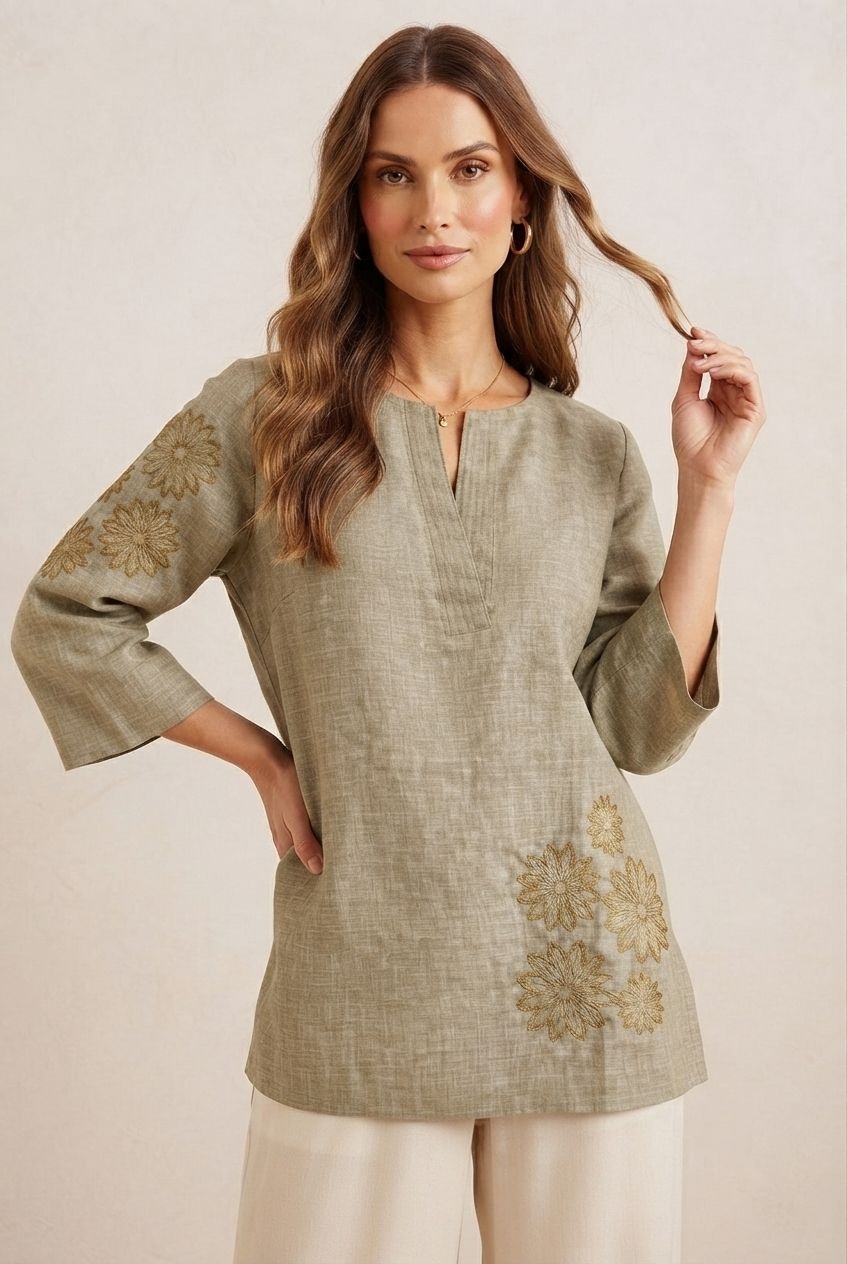 Olive Green Floral Thread Linen Tunic Top
