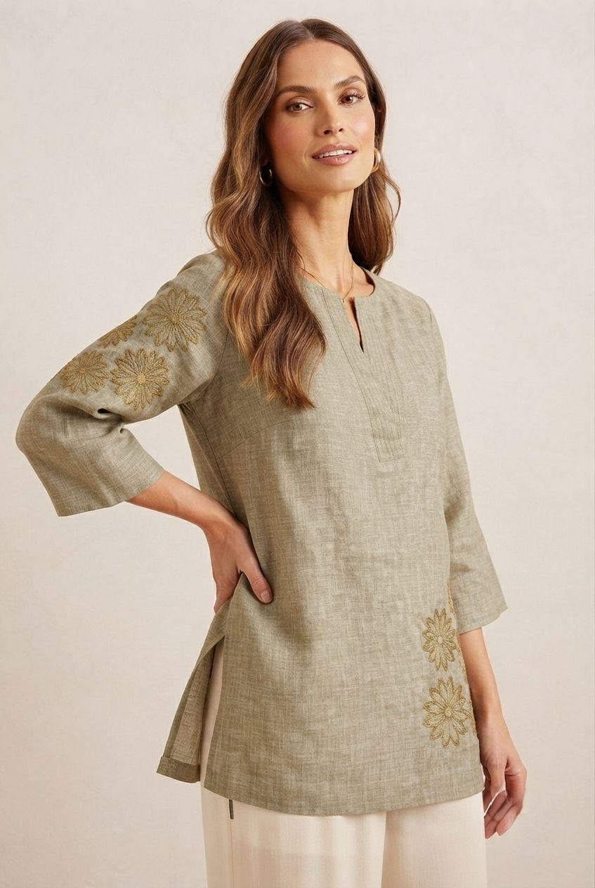 Olive Green Floral Thread Linen Tunic Top