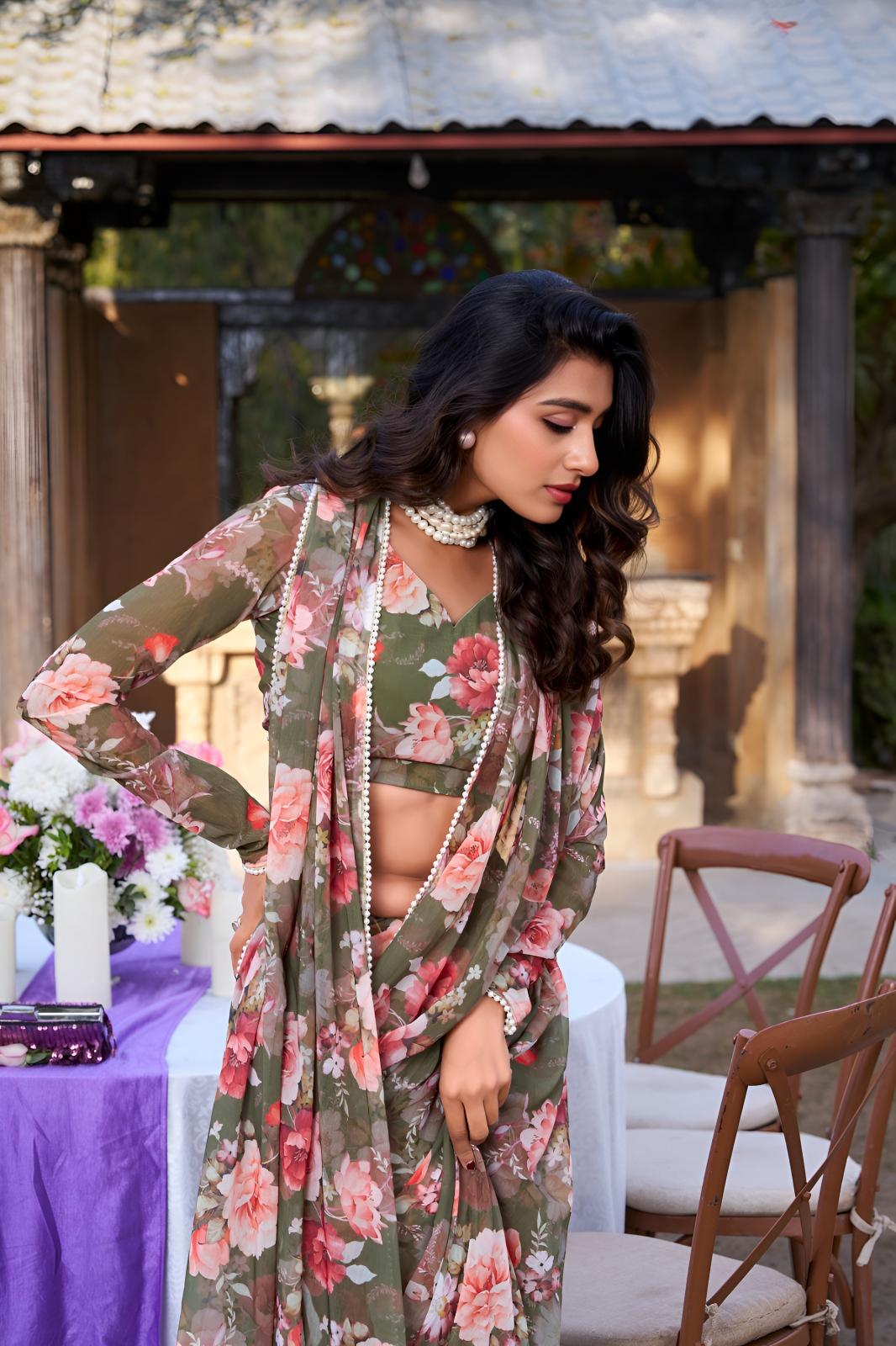 Olive Green Georgette Floral Printed Ready To Wear Saree — alternate view