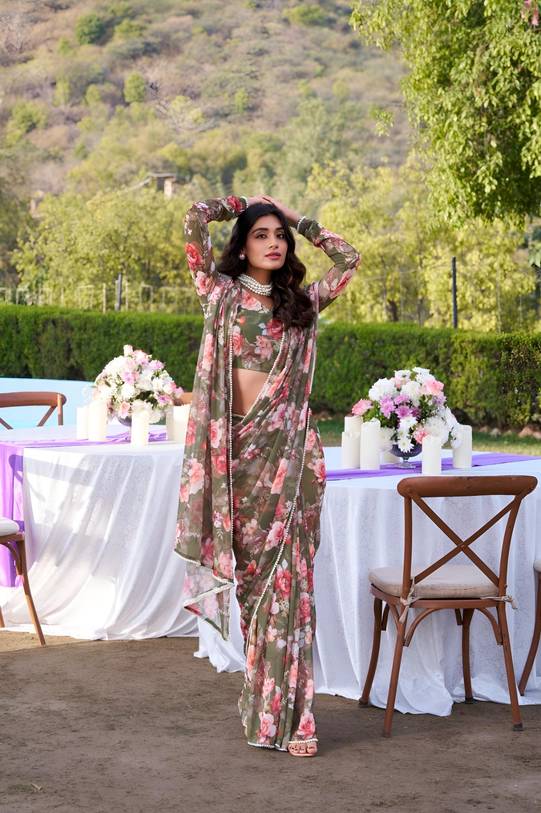 Olive Green Georgette Floral Printed Ready To Wear Saree