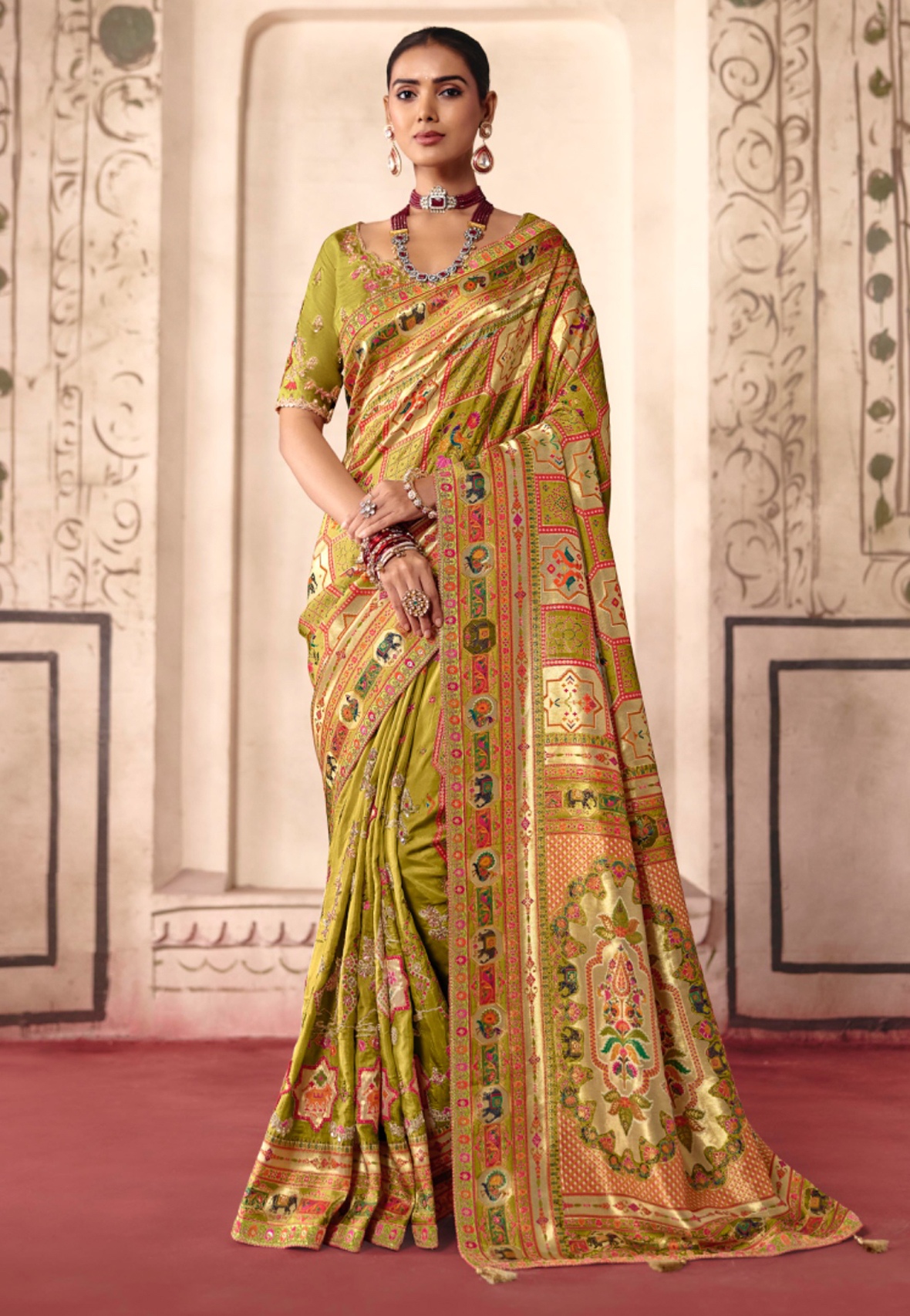 Olive Green Heavy Embroidery Sequin Dola Silk Saree