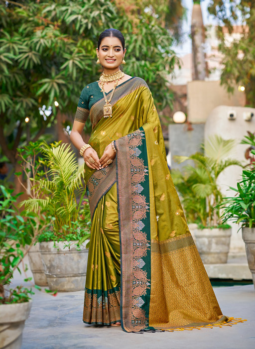 Olive Green Jacquard Soft Silk Saree