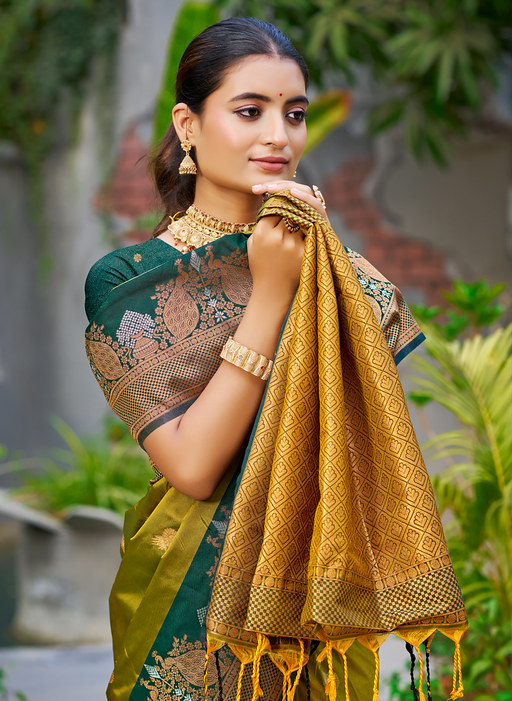 Olive Green Jacquard Soft Silk Saree — alternate view