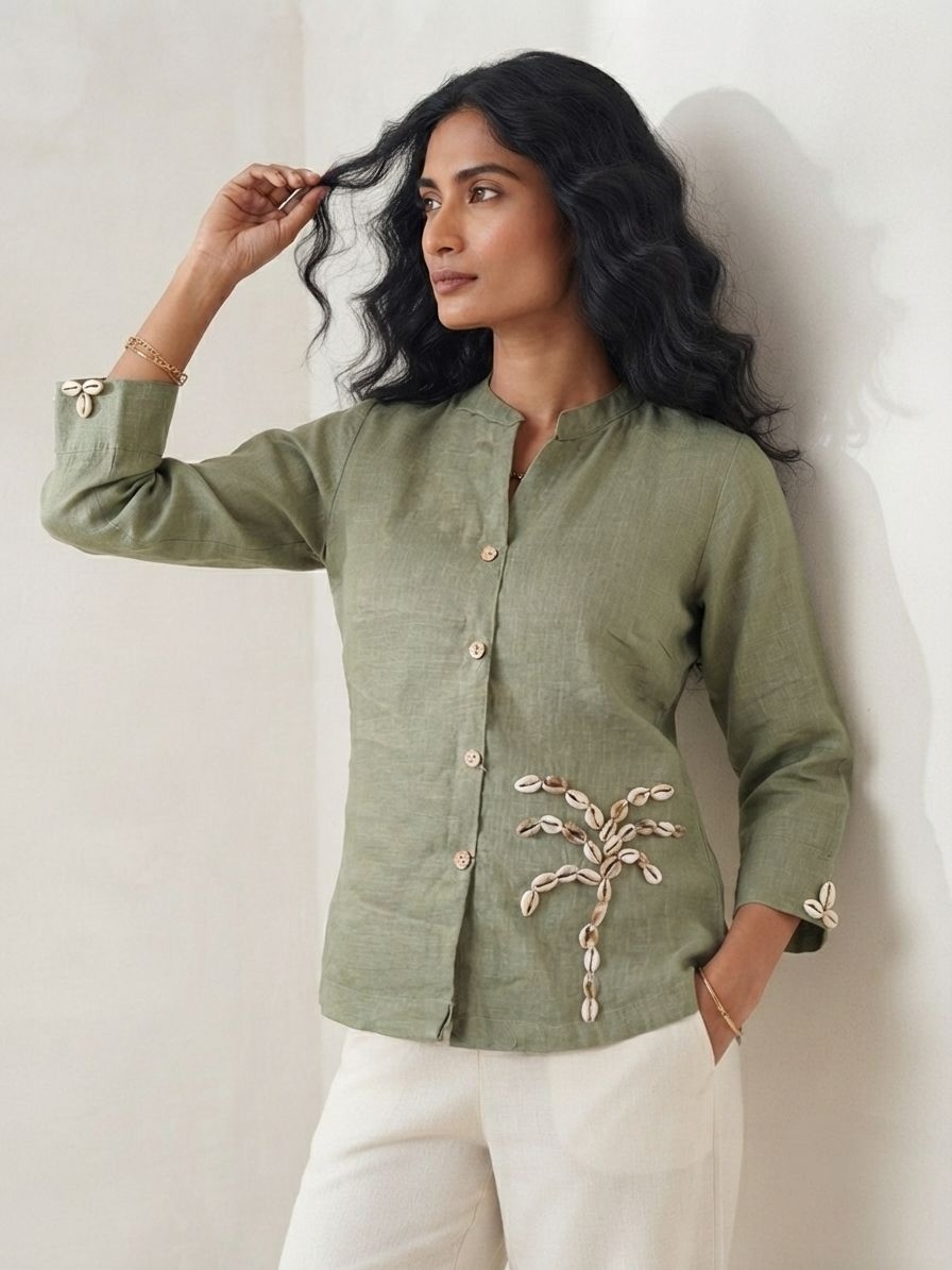 Olive Green Kodi Work Linen Cotton Short Tunic Top