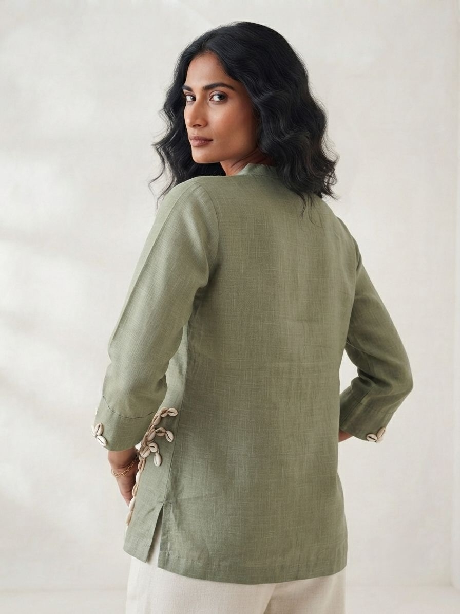 Olive Green Kodi Work Linen Cotton Short Tunic Top — alternate view