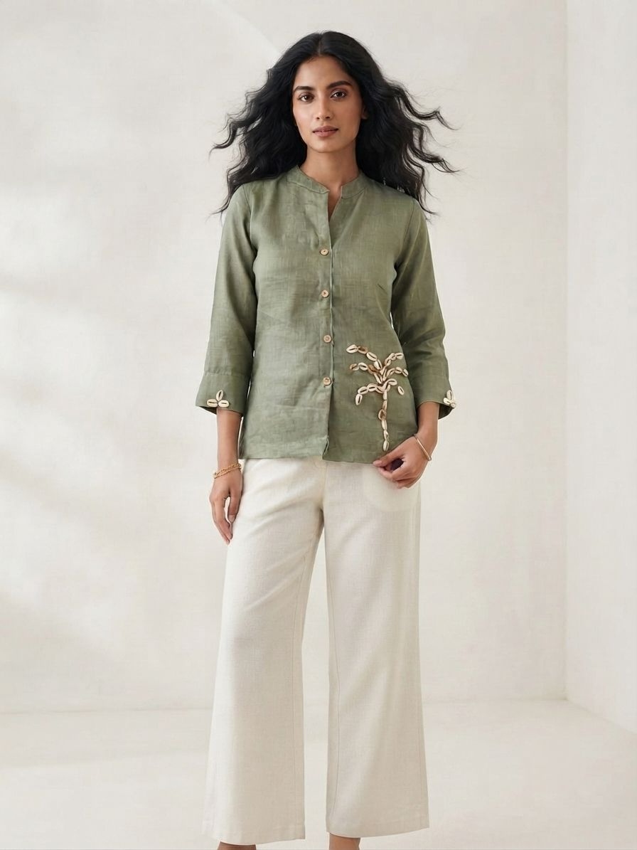 Olive Green Kodi Work Linen Cotton Short Tunic Top