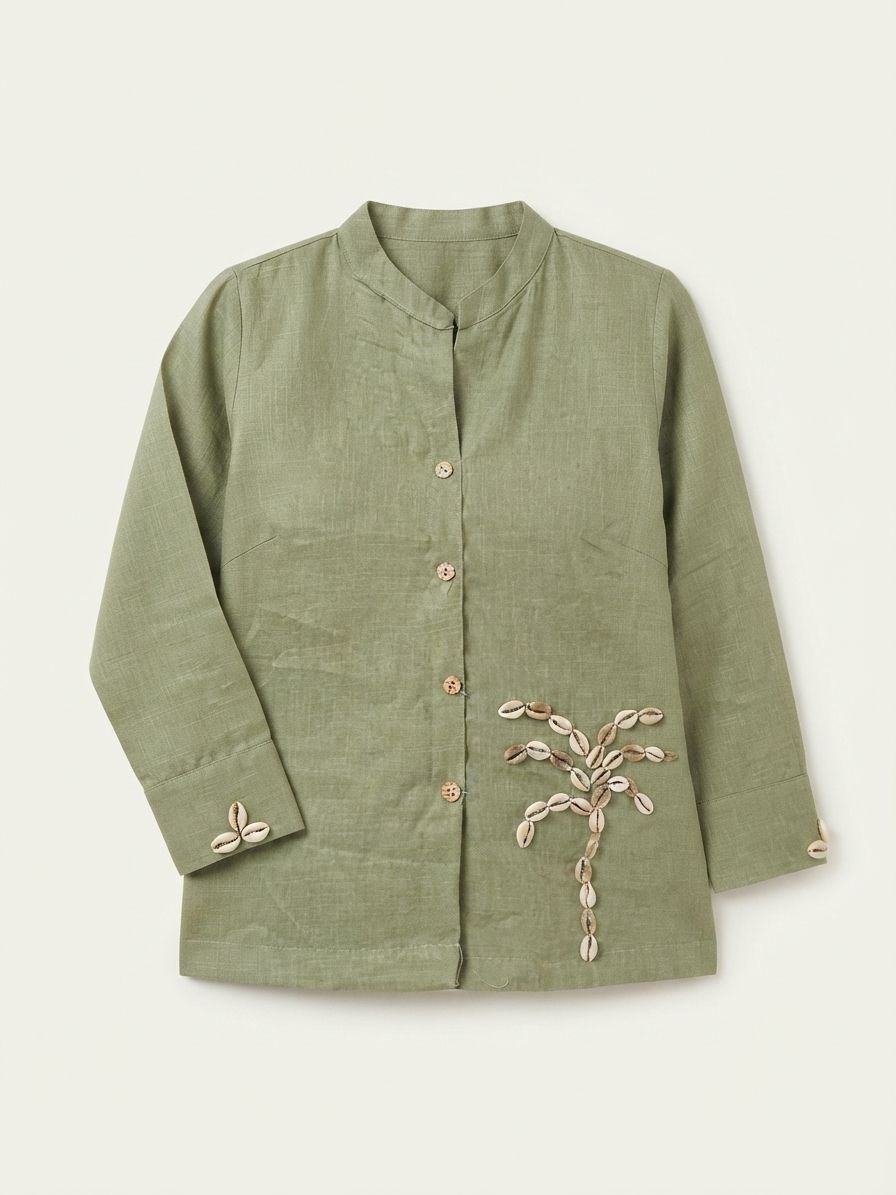 Olive Green Kodi Work Linen Cotton Short Tunic Top