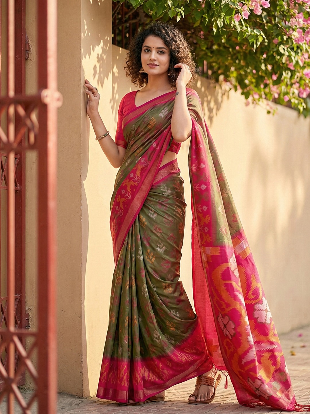 Olive Green Pochampally Silk Woven Saree