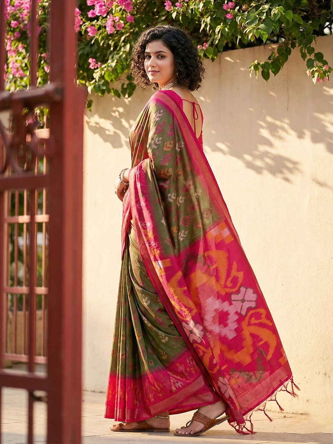 Olive Green Pochampally Silk Woven Saree — alternate view