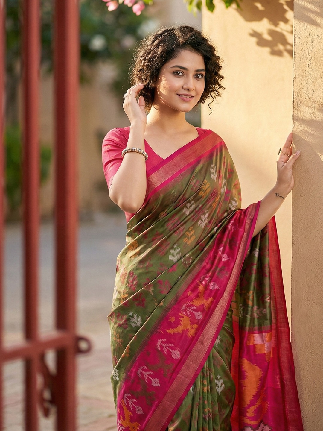 Olive Green Pochampally Silk Woven Saree