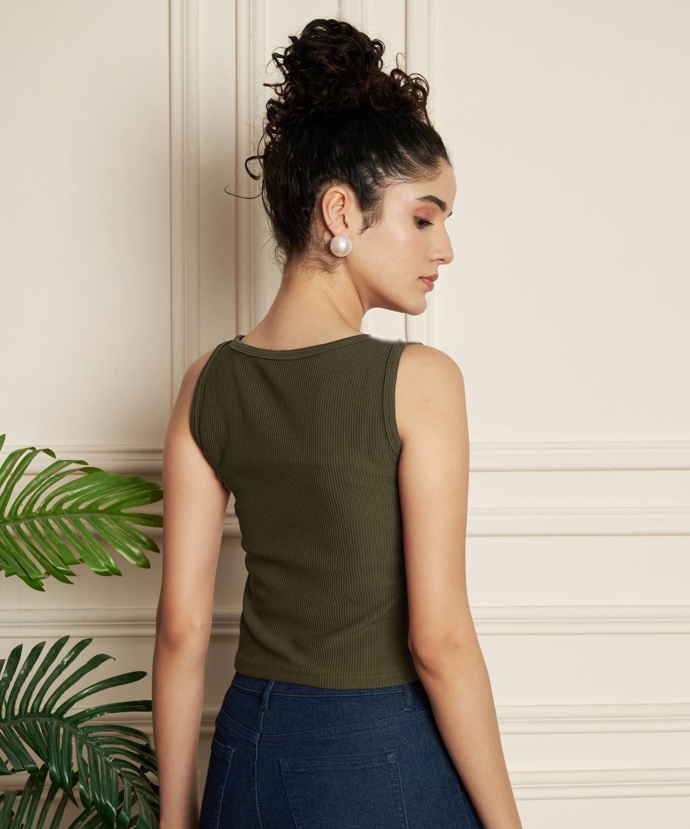 Olive Green Ribbed Knitted Women’s Tank Top — alternate view