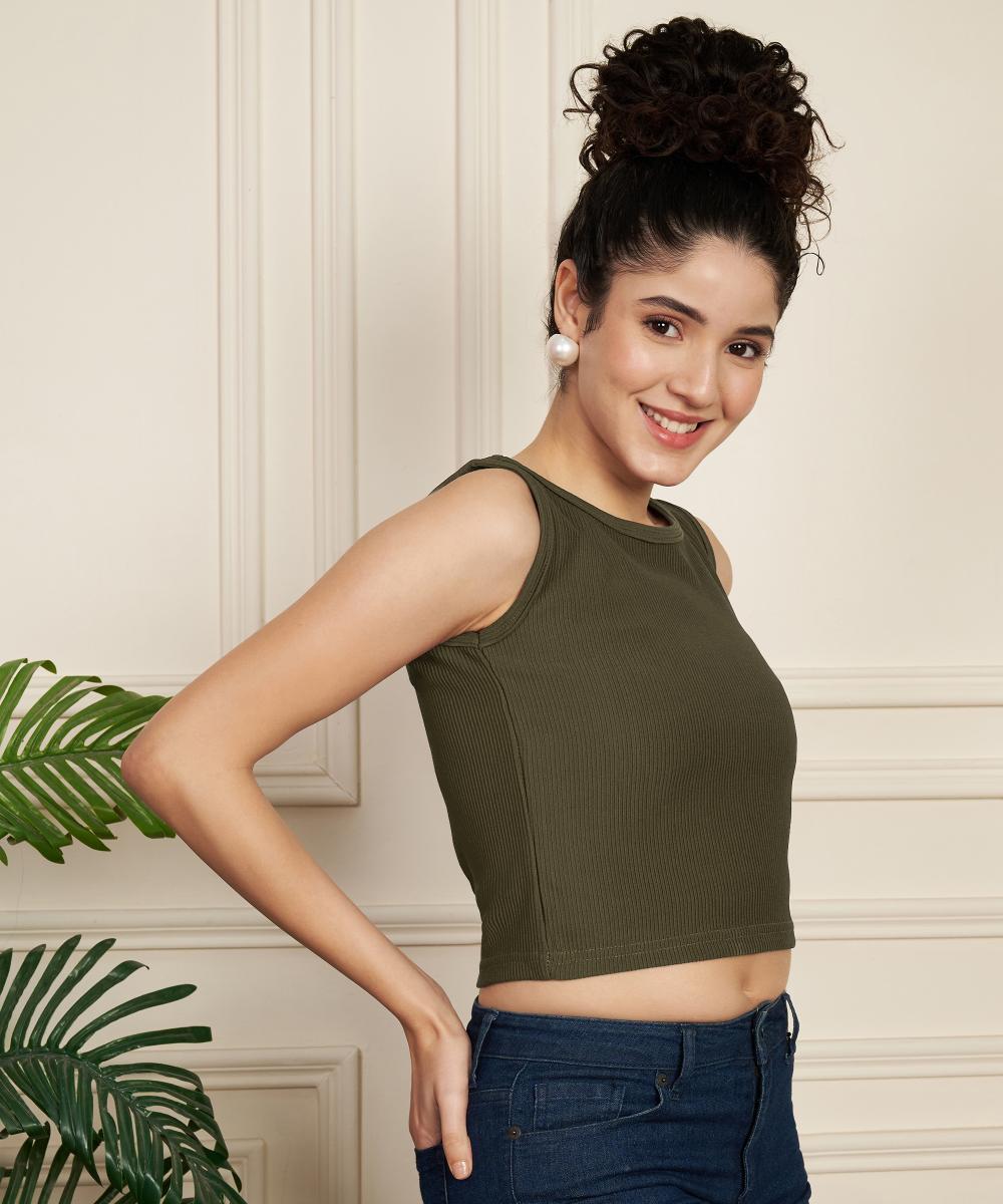 Olive Green Ribbed Knitted Women’s Tank Top