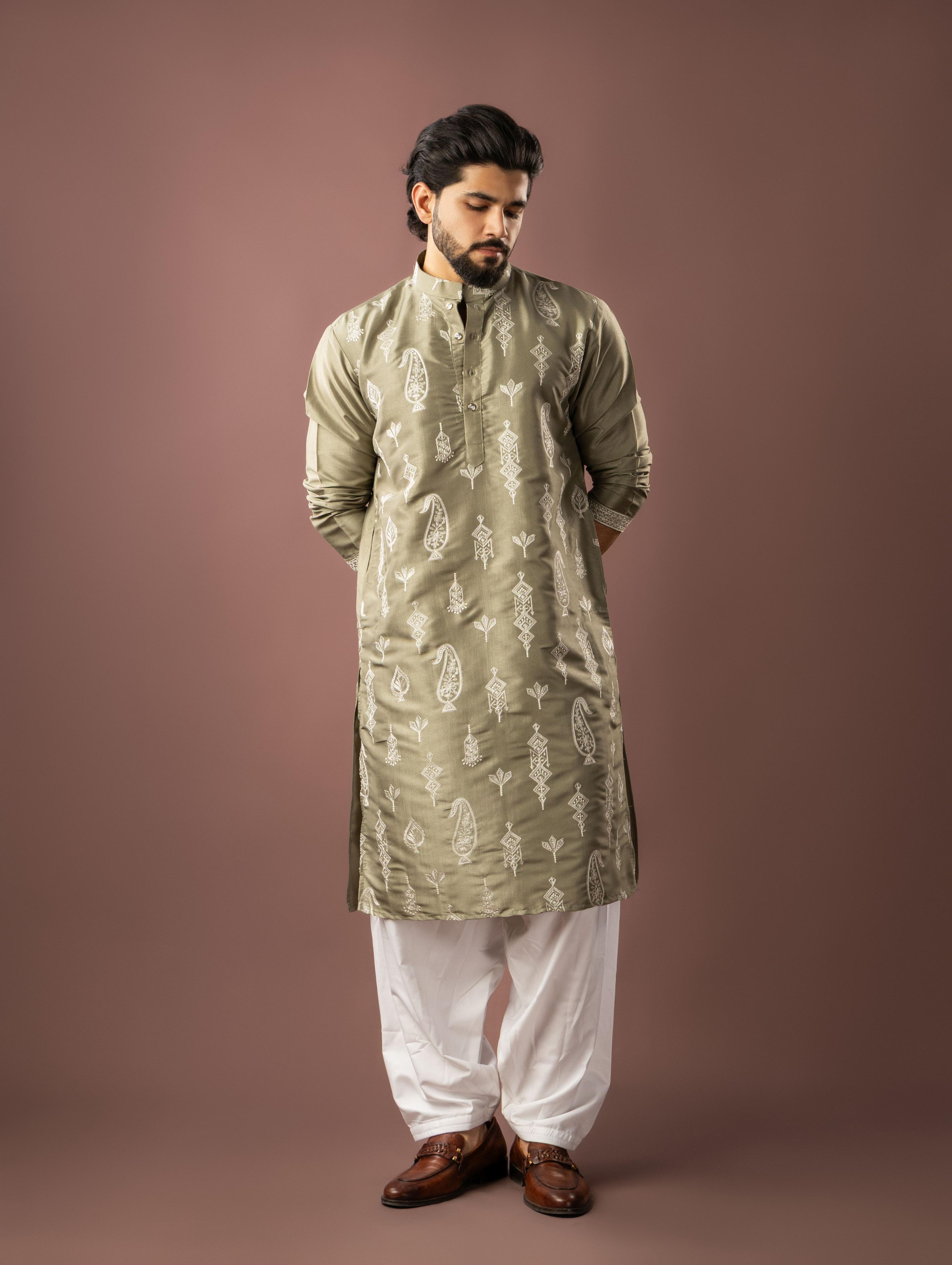 Olive Green Silk Embroidered Kurta Pyjama