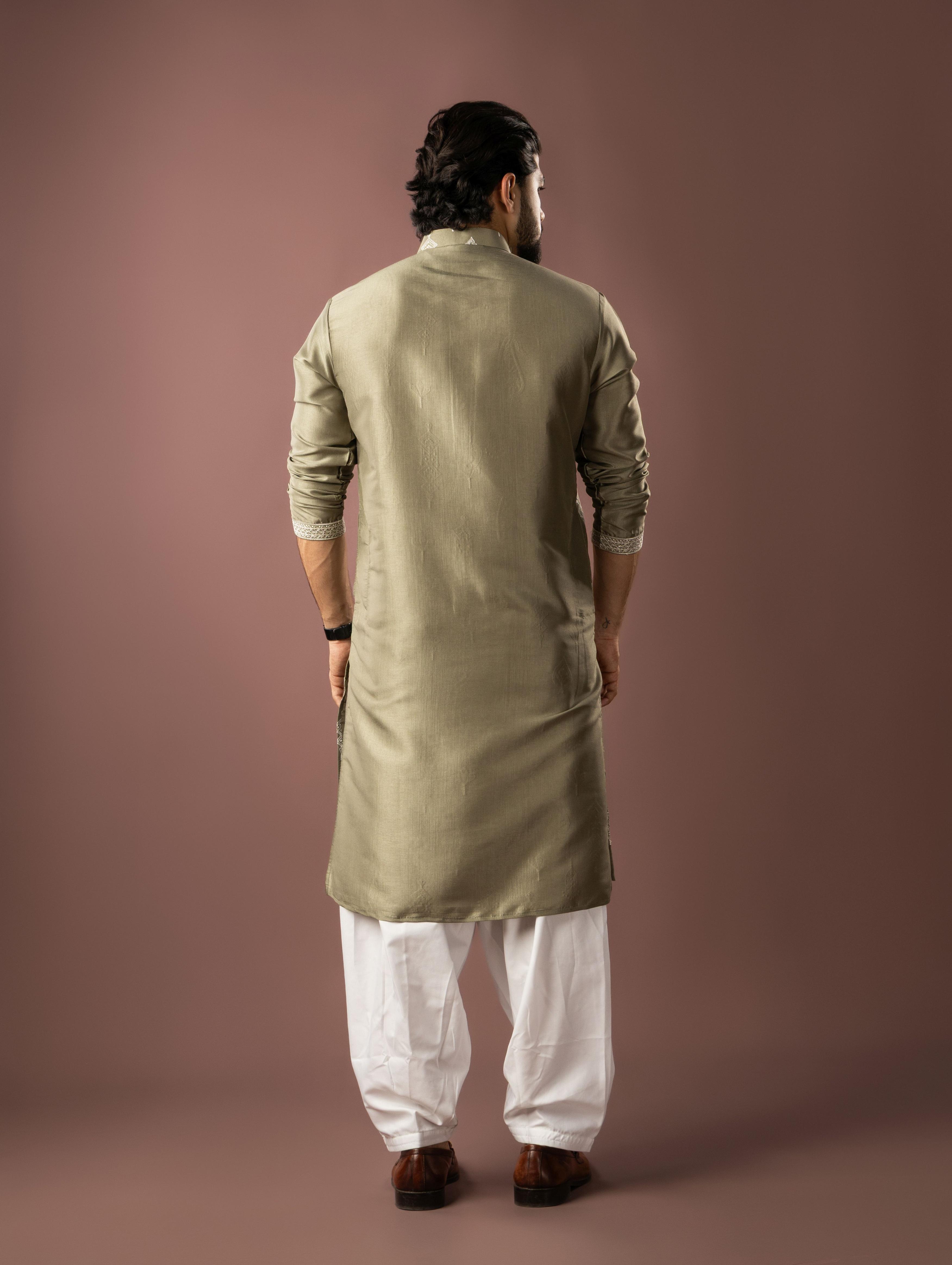 Olive Green Silk Embroidered Kurta Pyjama — alternate view