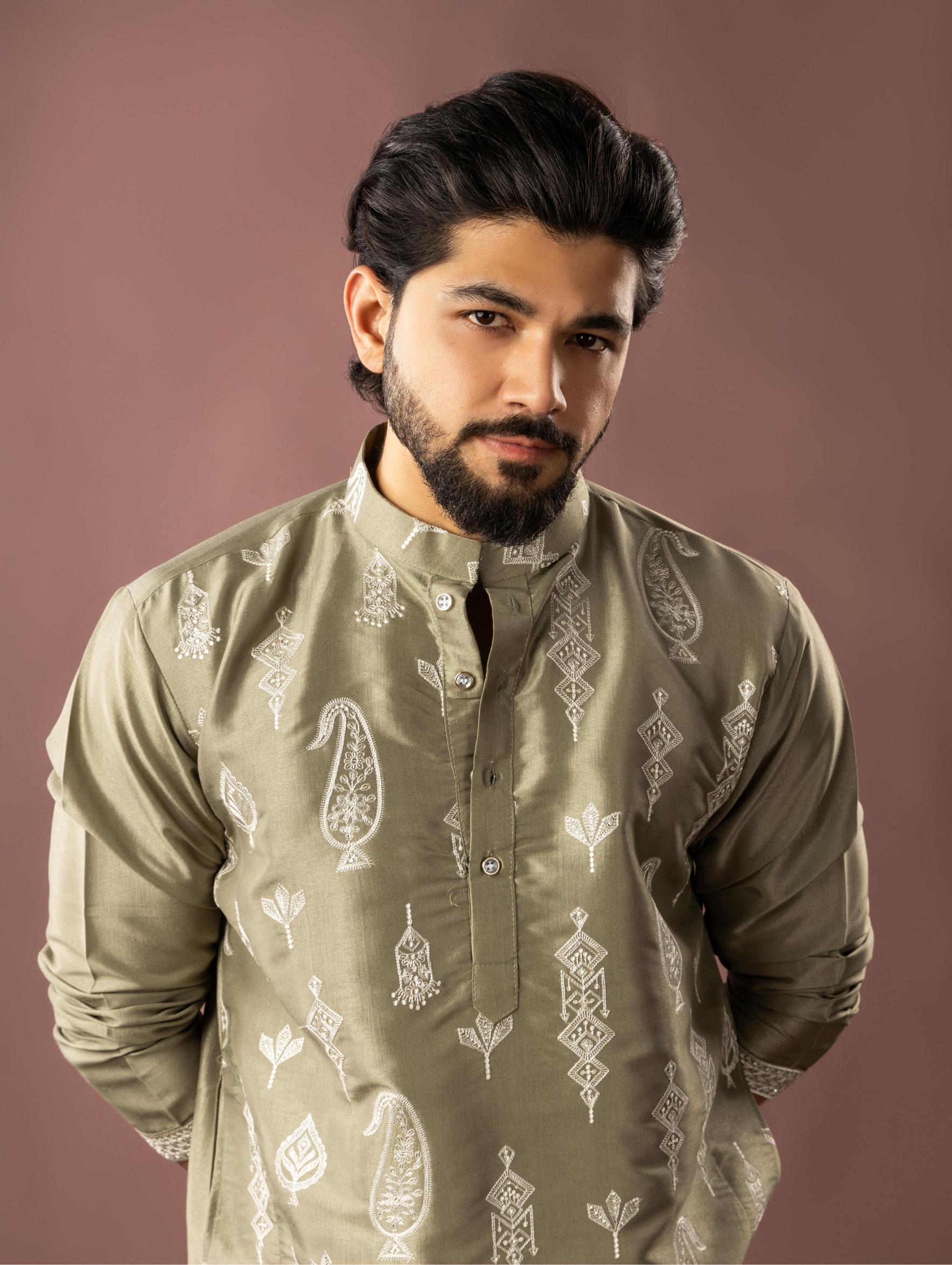 Olive Green Silk Embroidered Kurta Pyjama