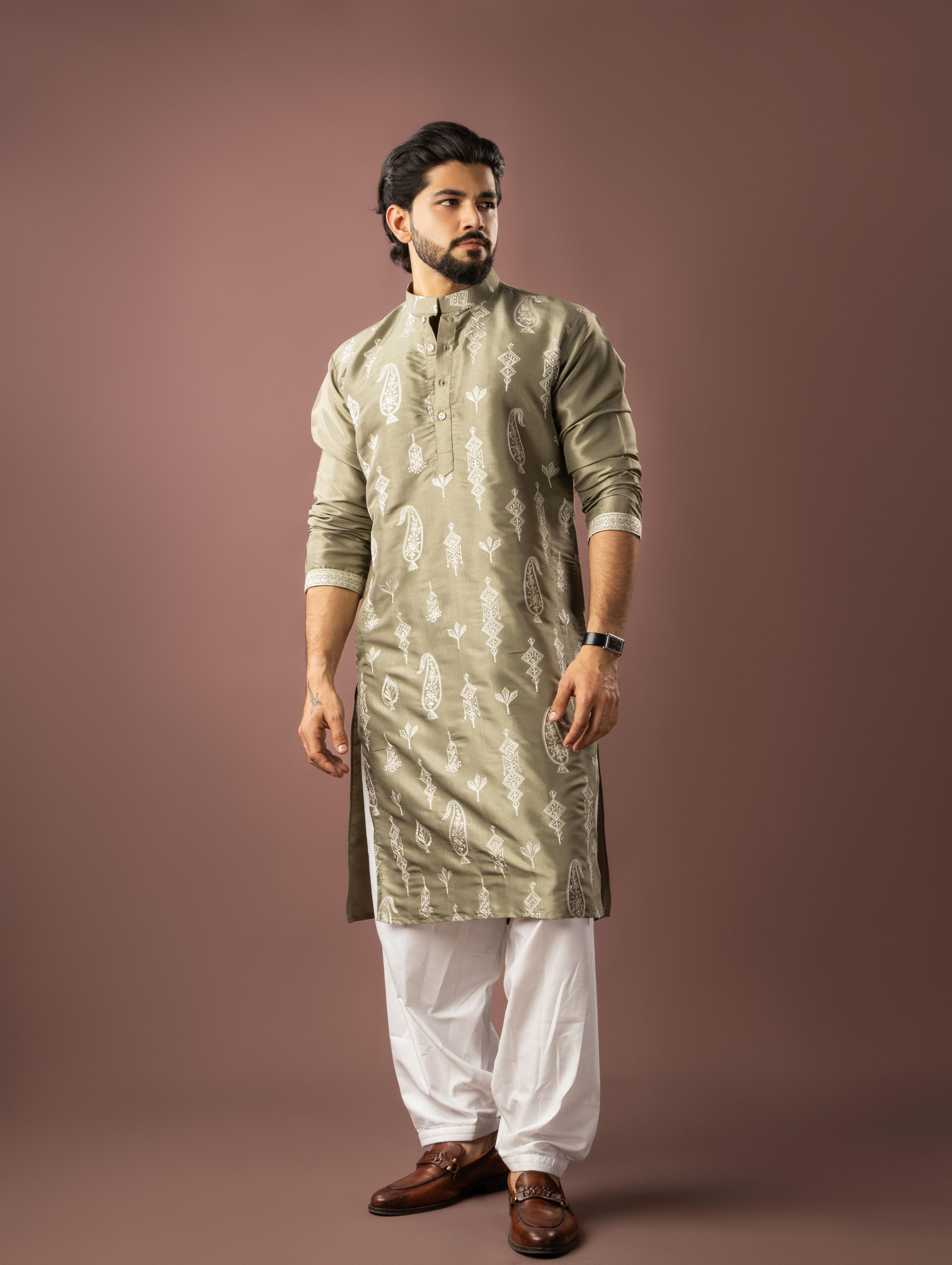 Olive Green Silk Embroidered Kurta Pyjama