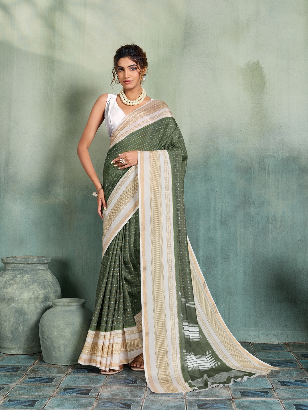 Olive Green Woven Butti Soft Silk Saree