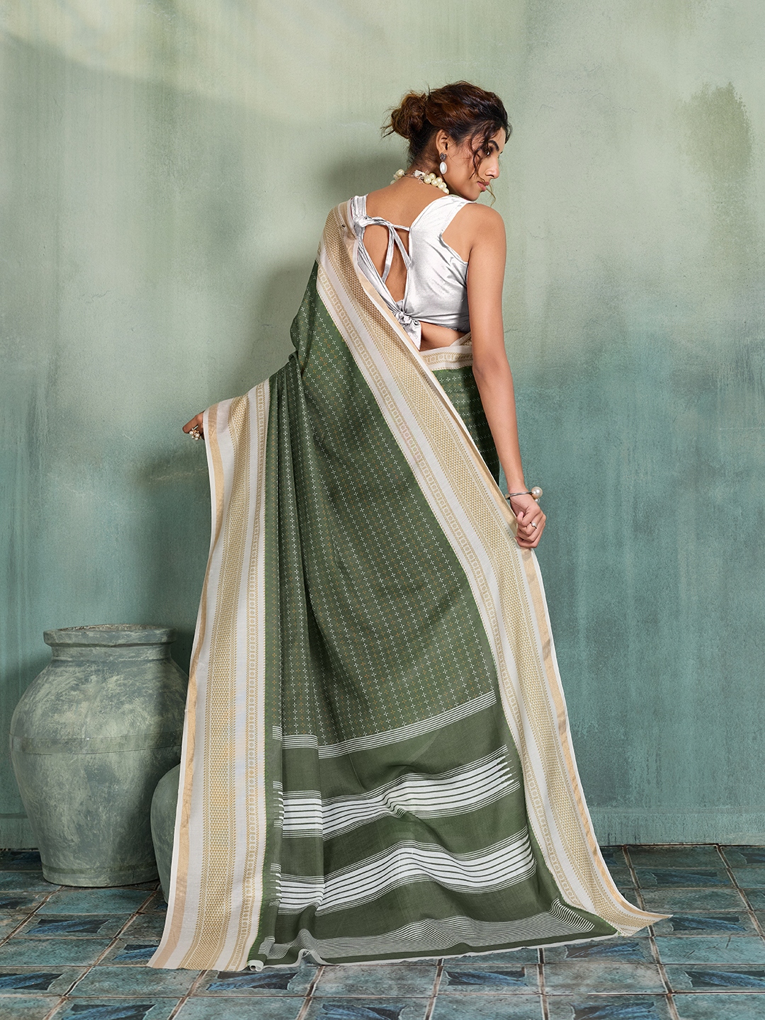 Olive Green Woven Butti Soft Silk Saree — alternate view