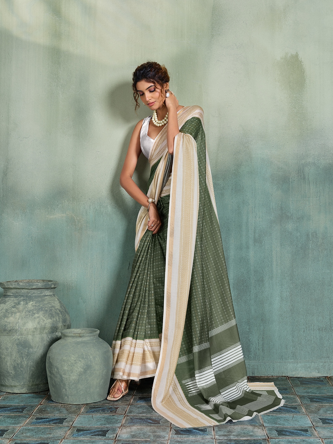 Olive Green Woven Butti Soft Silk Saree