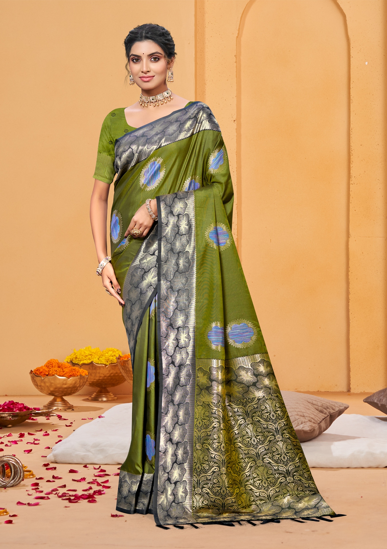 Olive Green Woven Designer Soft Silk Saree — alternate view
