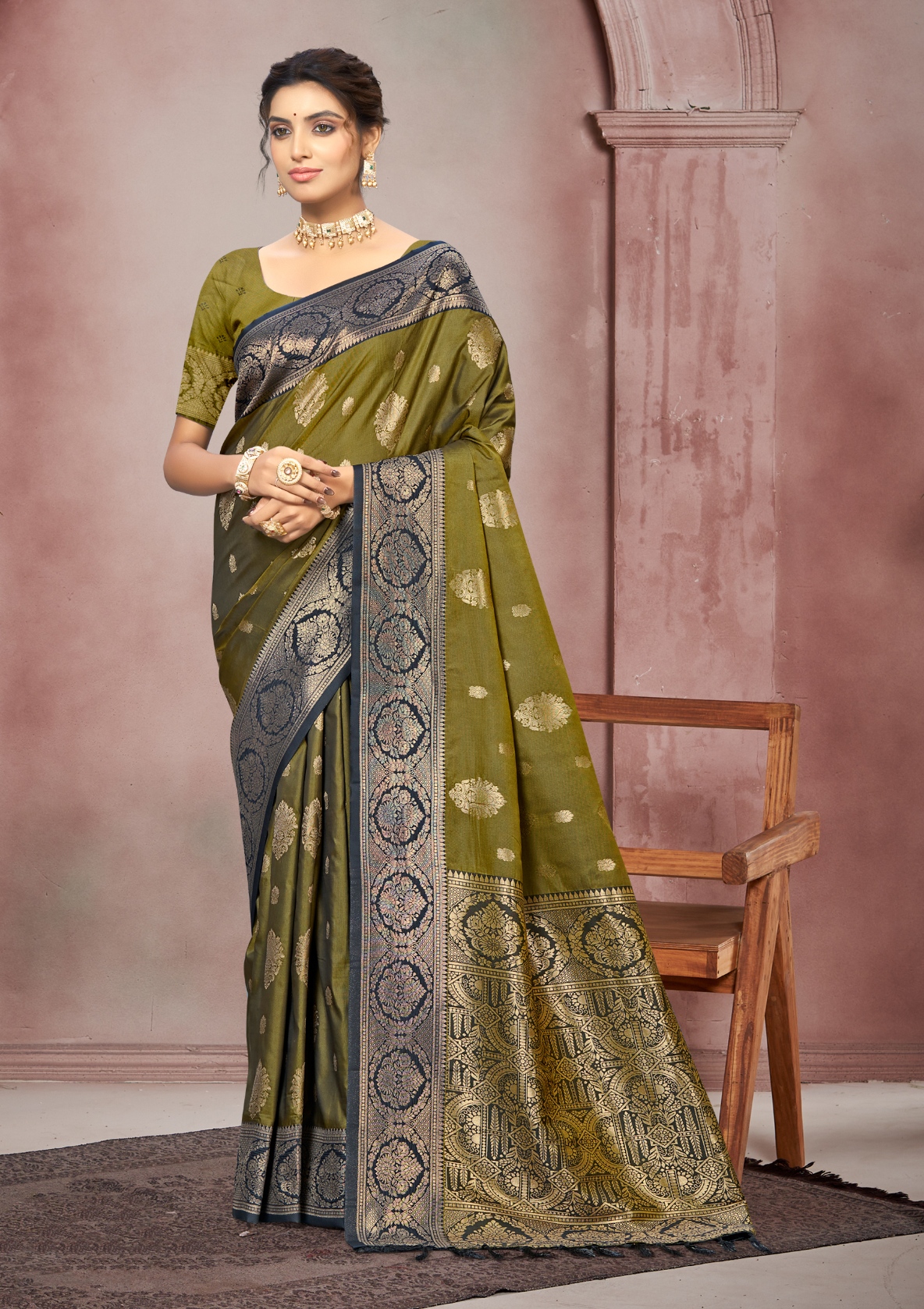Olive Green Woven Designer Soft Silk Saree