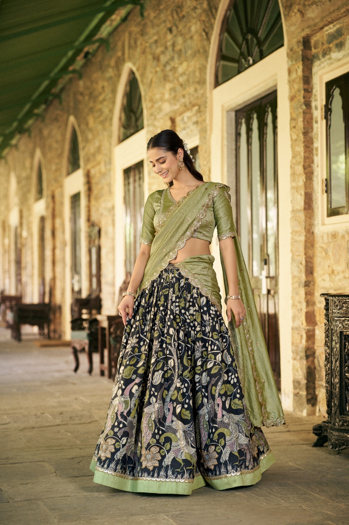 Olive Kalamkari Lace Border Lehenga Choli