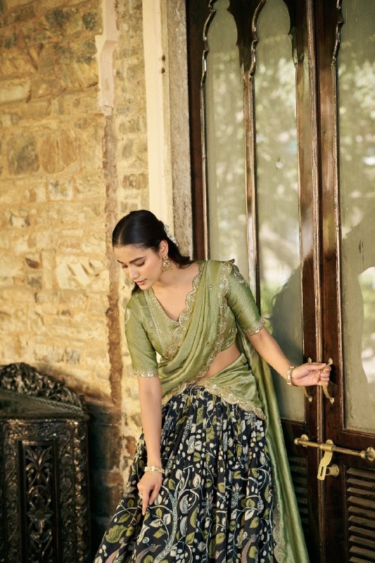 Olive Kalamkari Lace Border Lehenga Choli