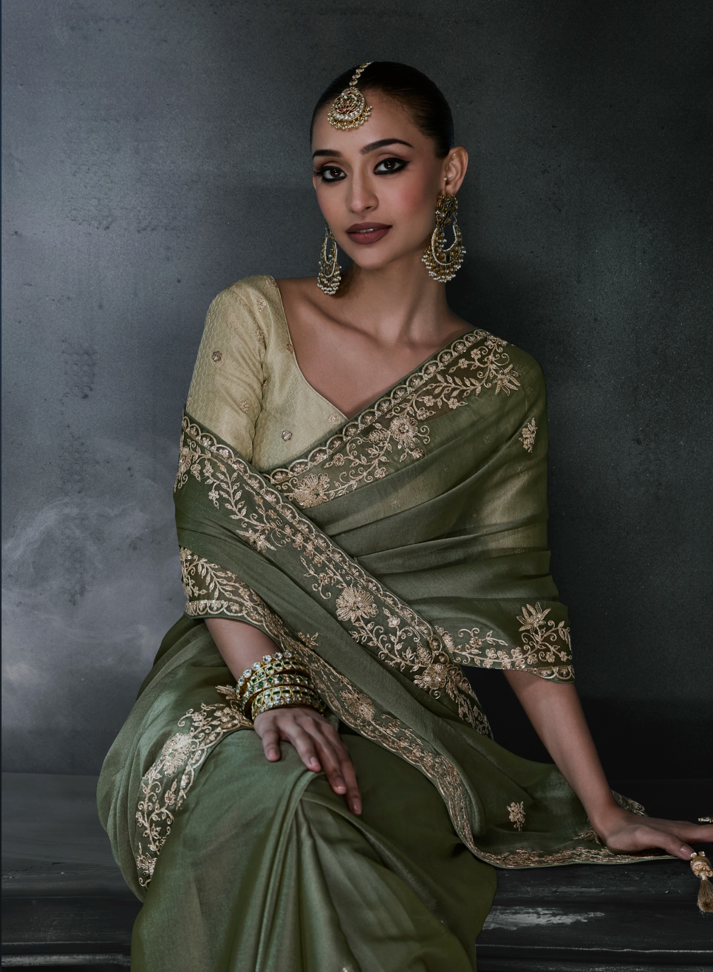 Olive Ombre Heavy Thread Embroidery Tissue Silk Saree — alternate view