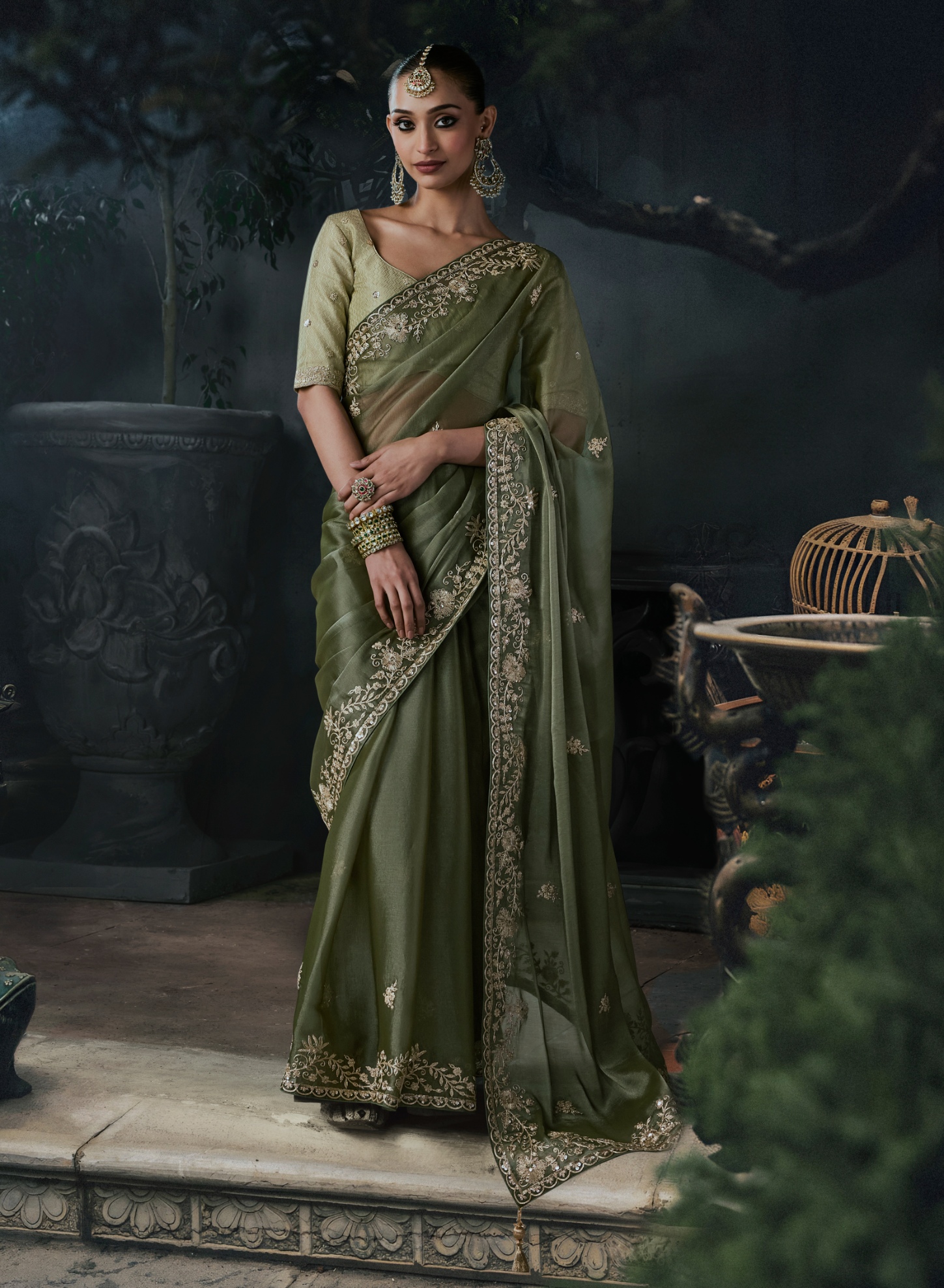 Olive Ombre Heavy Thread Embroidery Tissue Silk Saree
