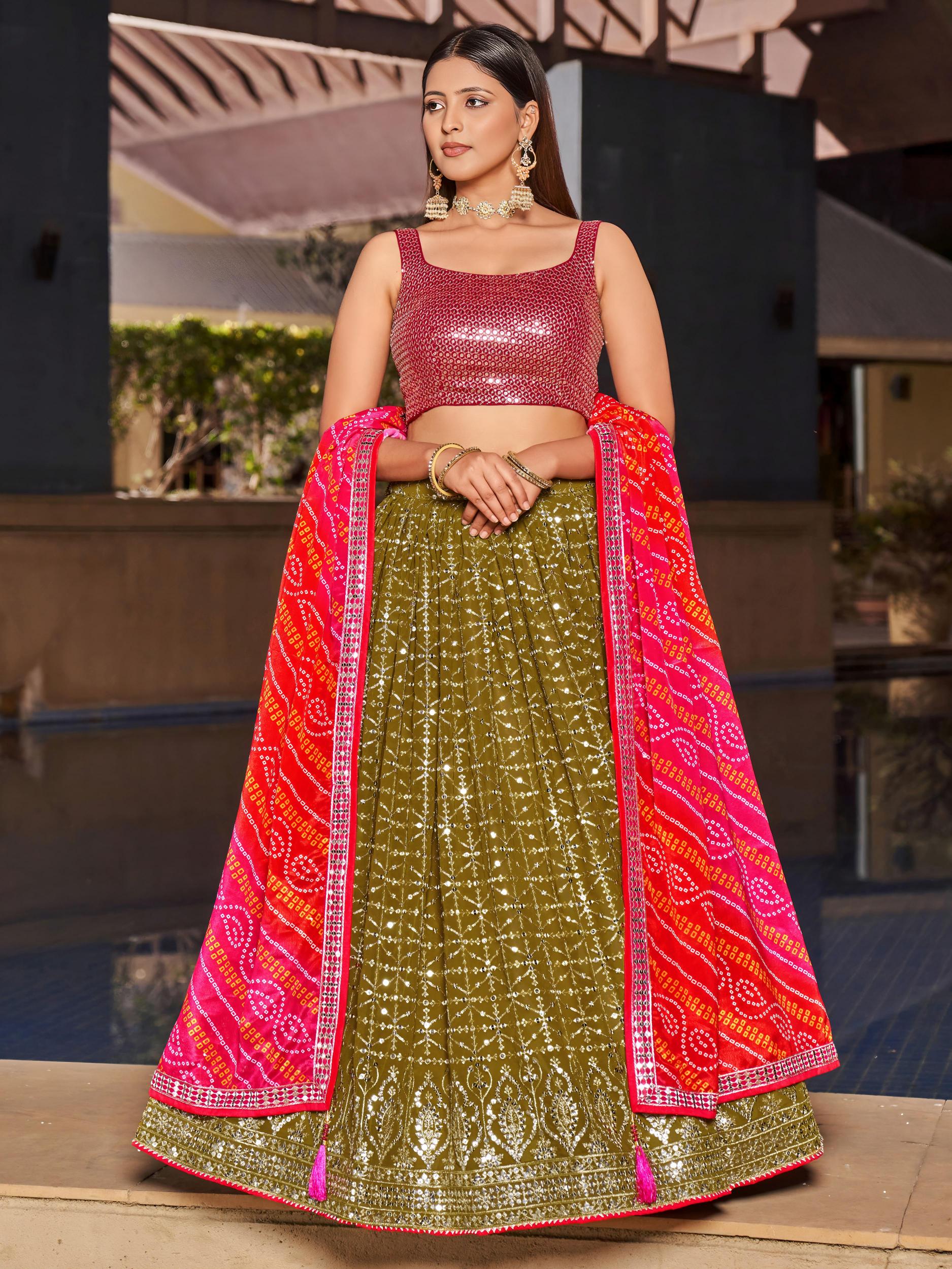 Olive Pink Georgette Sequins Embroidered Lehenga Choli