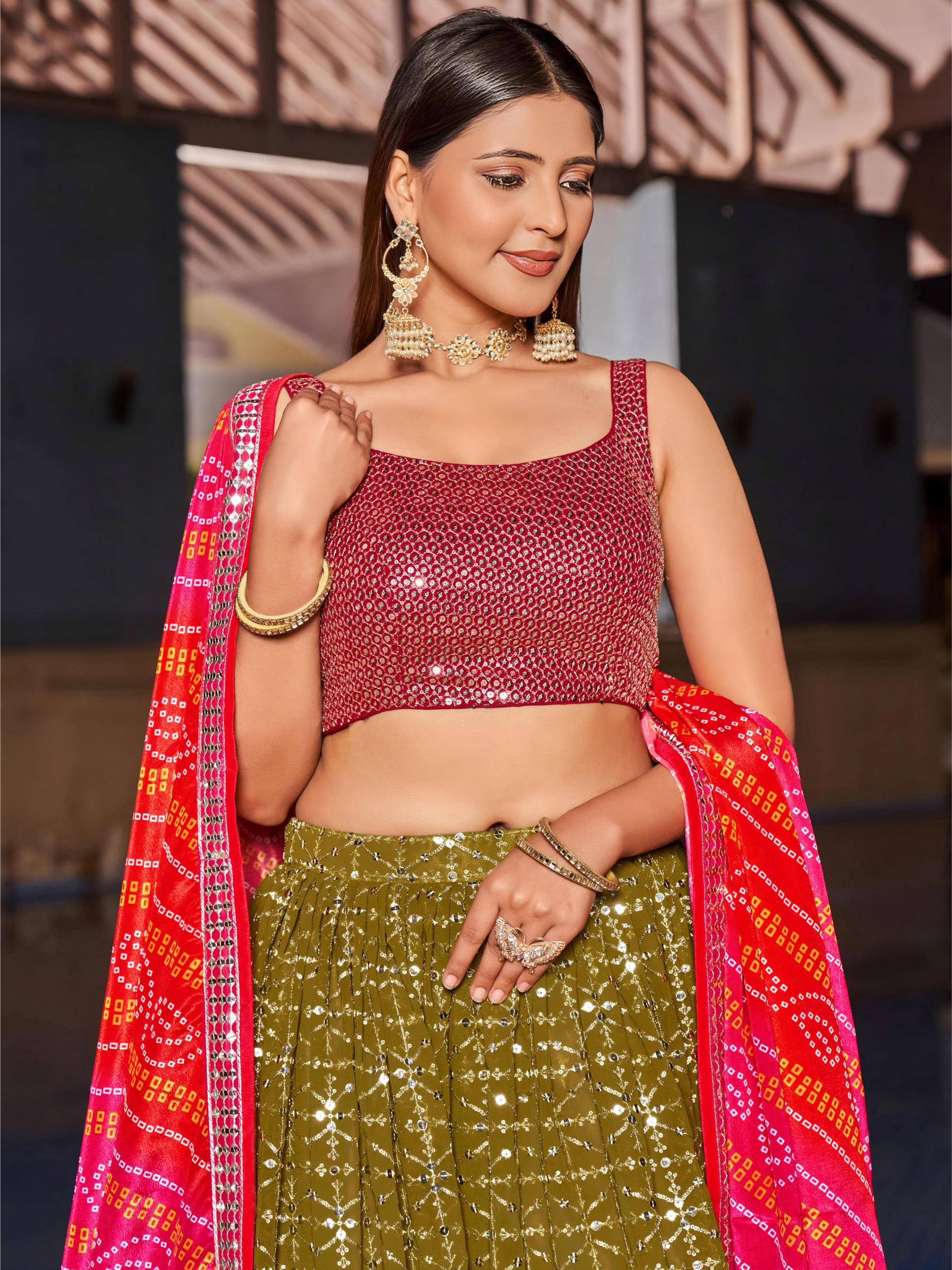 Olive Pink Georgette Sequins Embroidered Lehenga Choli