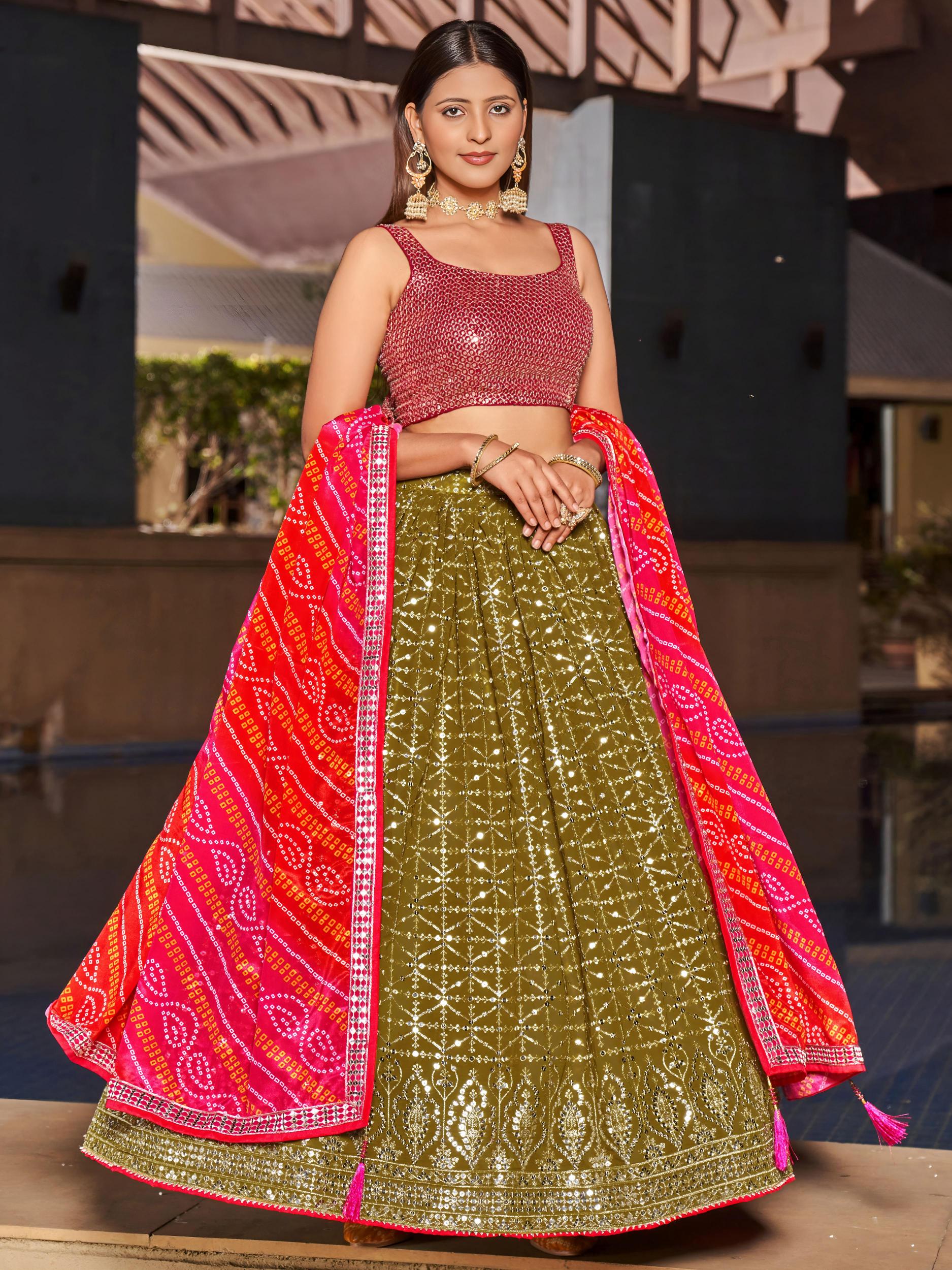 Olive Pink Georgette Sequins Embroidered Lehenga Choli