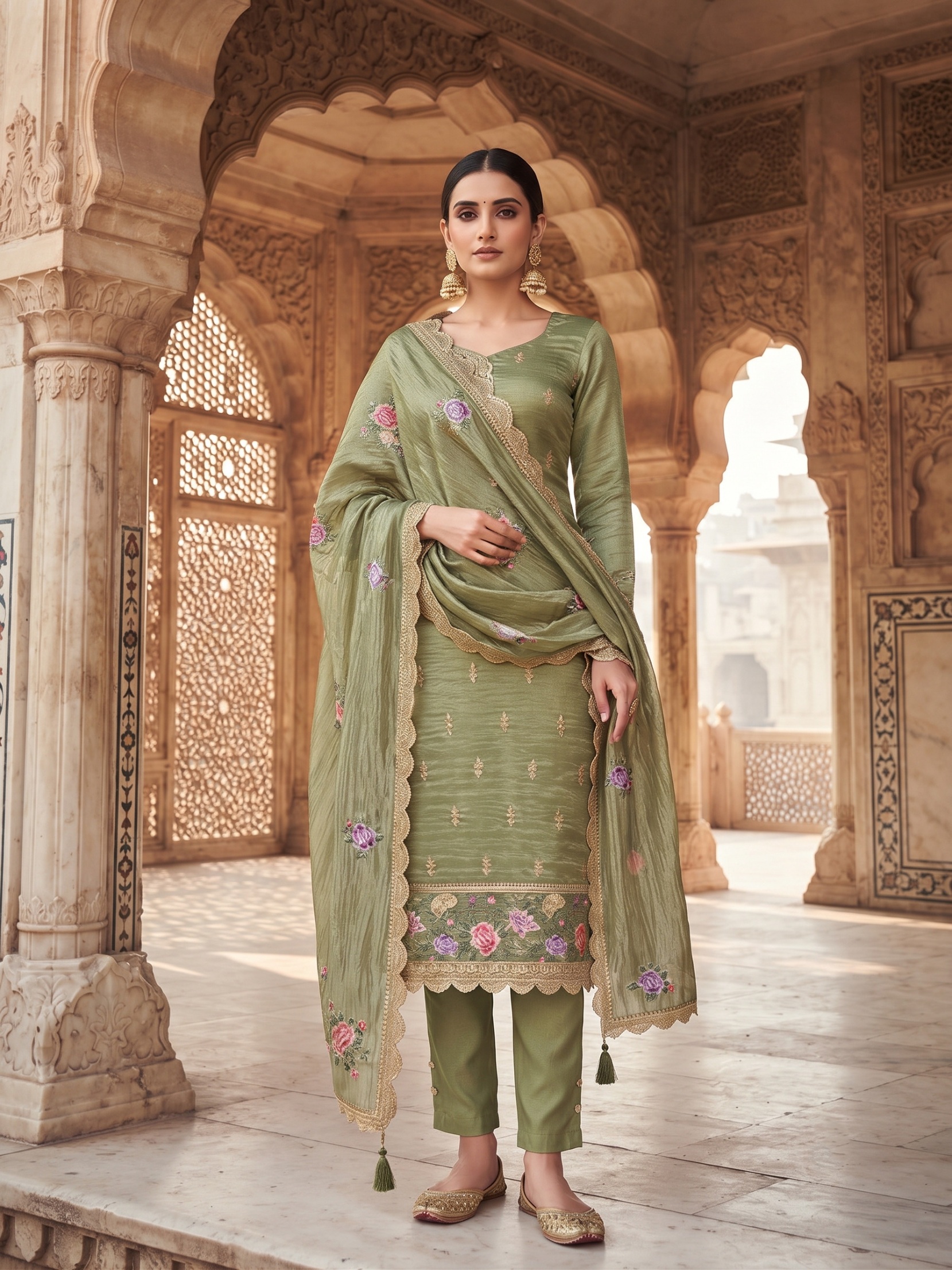 Olive Solid Embroidered Gold Silk Straight Suit