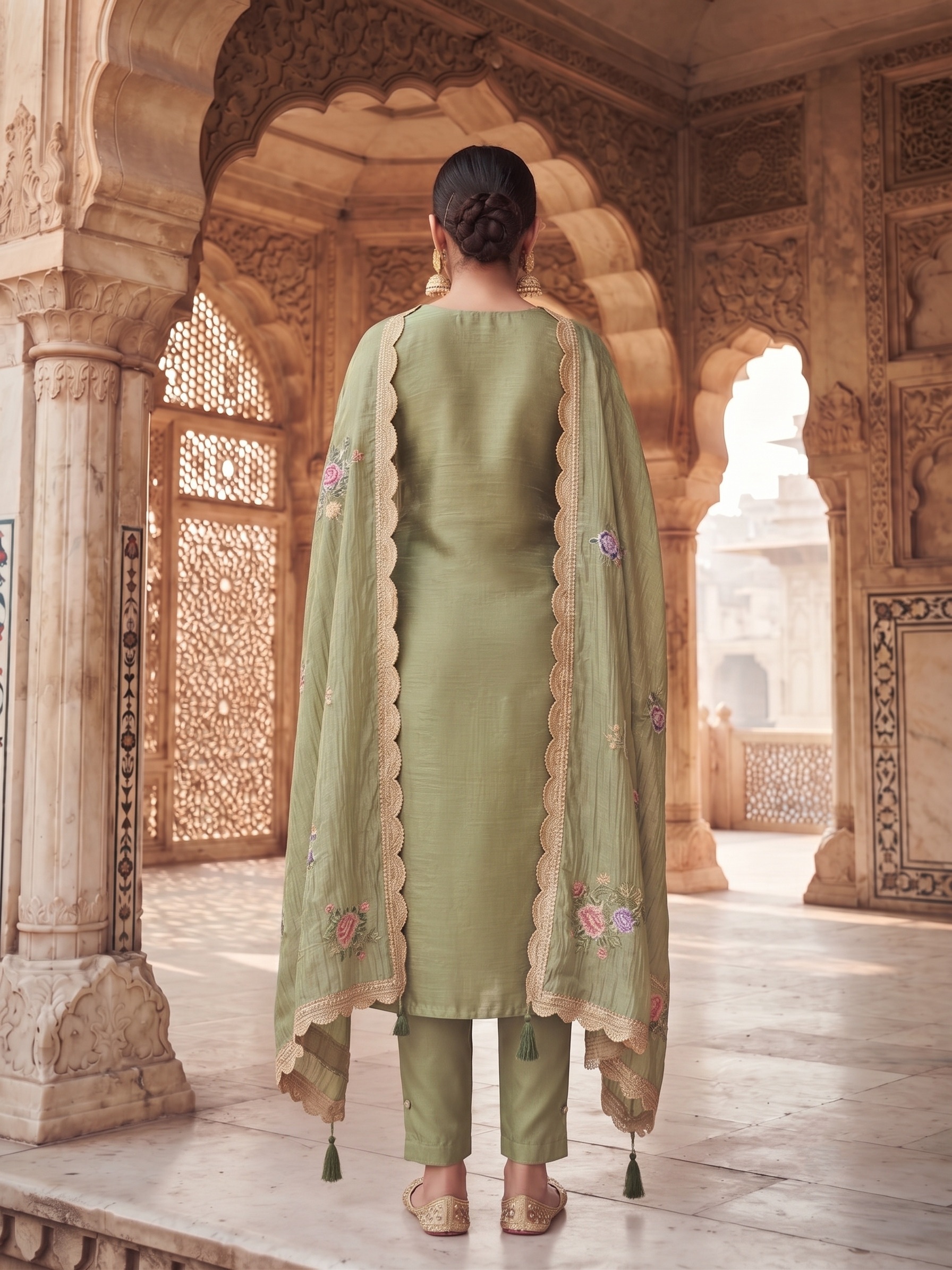 Olive Solid Embroidered Gold Silk Straight Suit — alternate view
