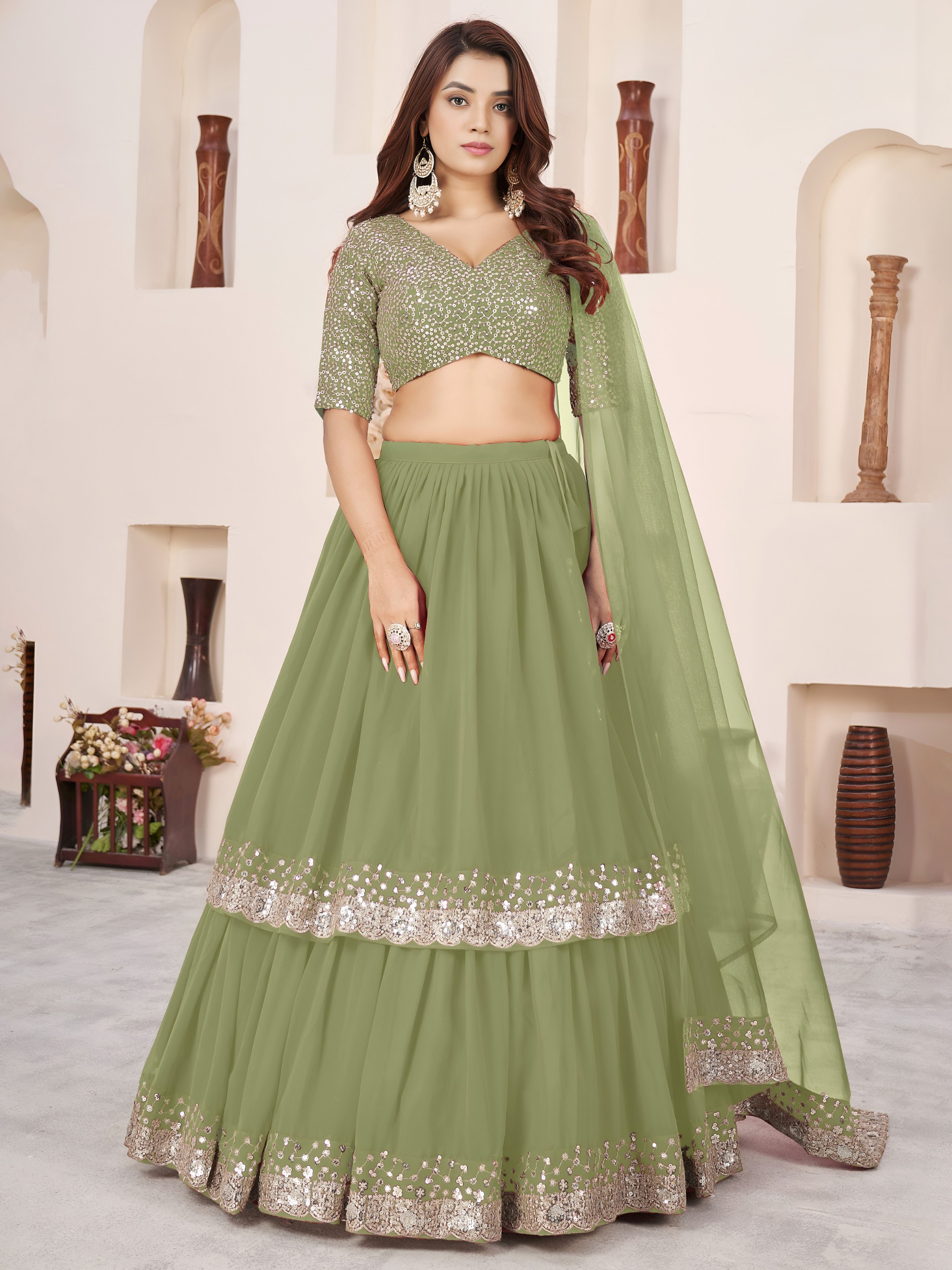 Olive Zari Embroidered Layered Lehenga Choli