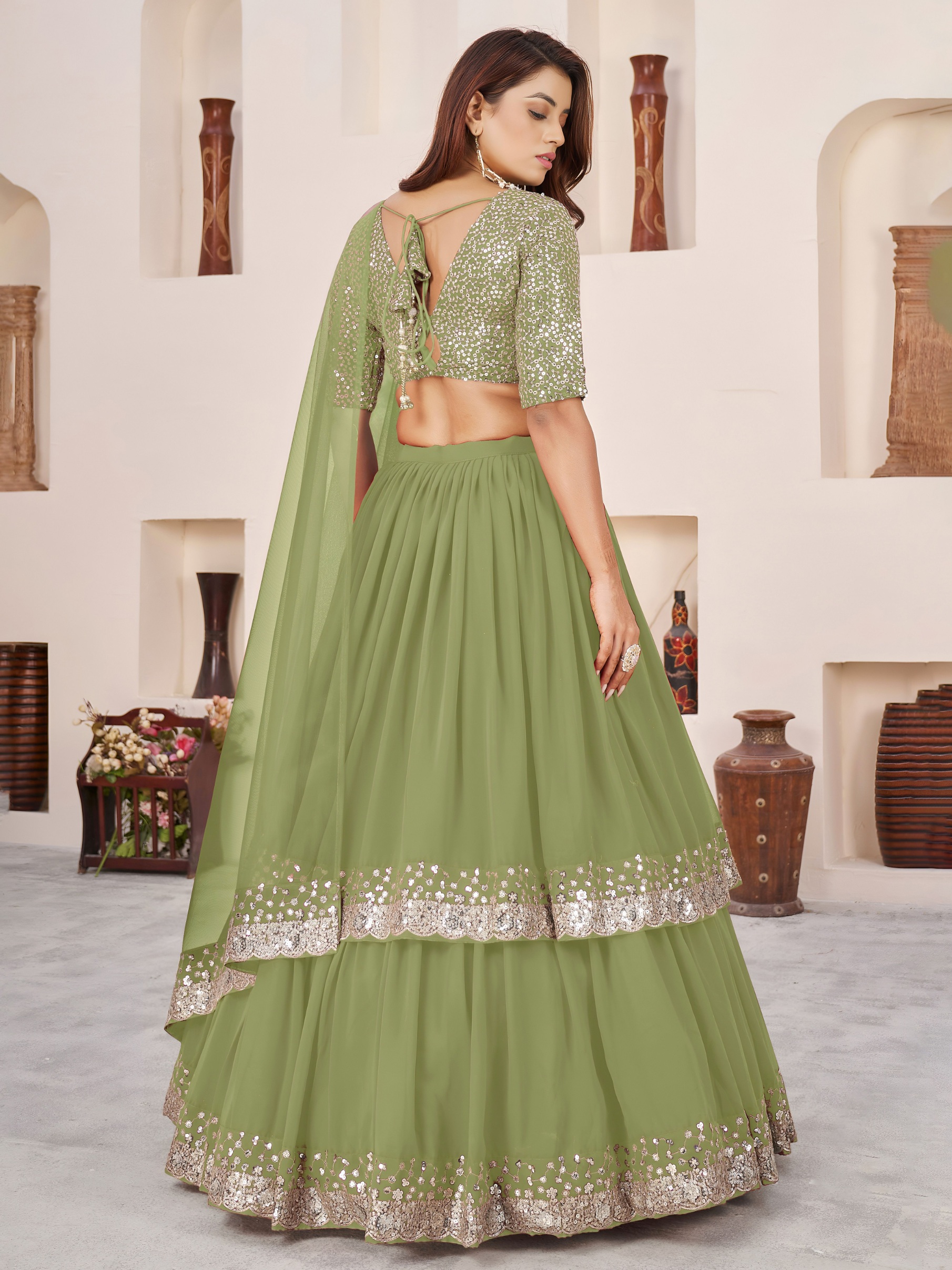 Olive Zari Embroidered Layered Lehenga Choli — alternate view