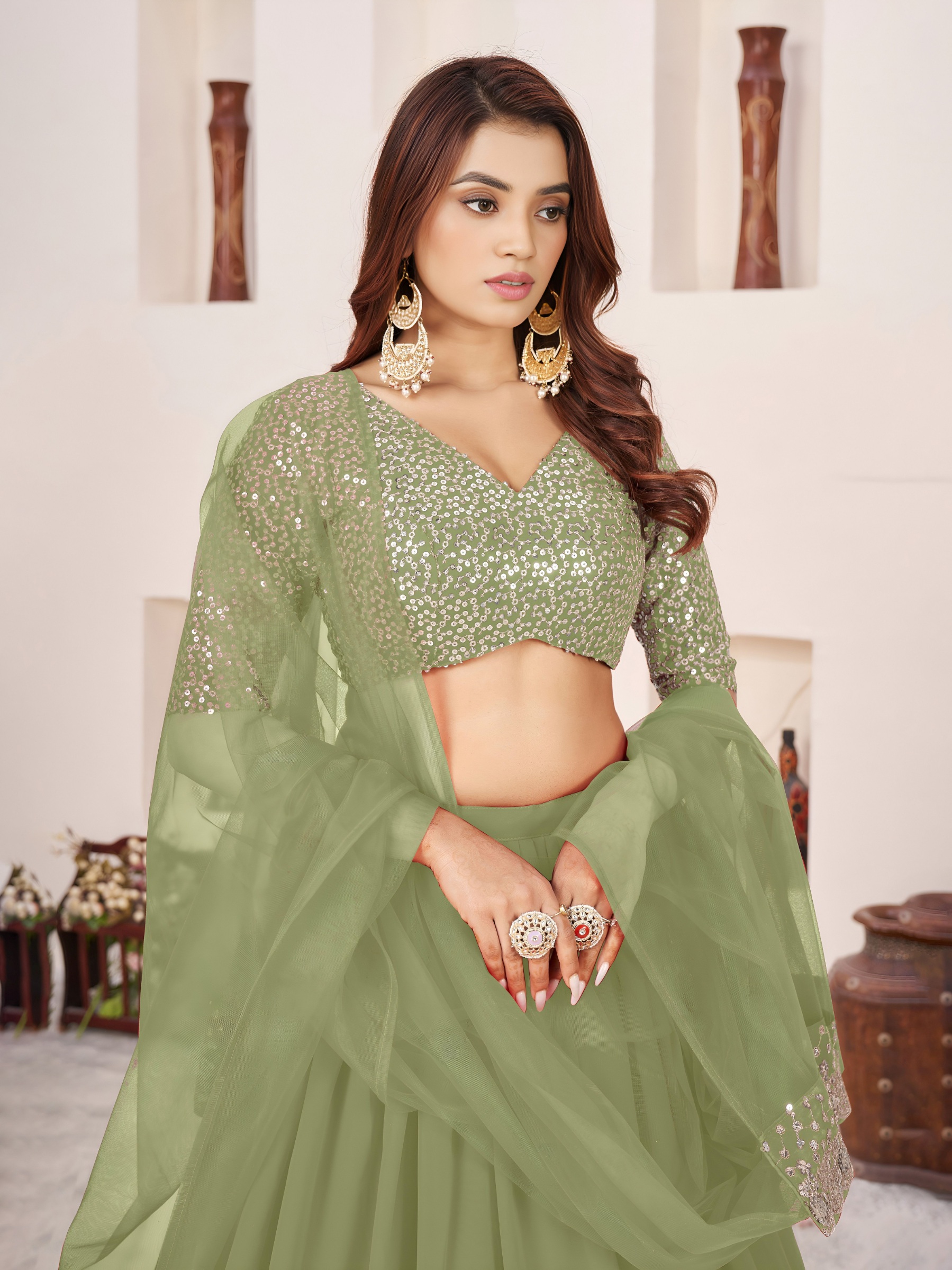 Olive Zari Embroidered Layered Lehenga Choli