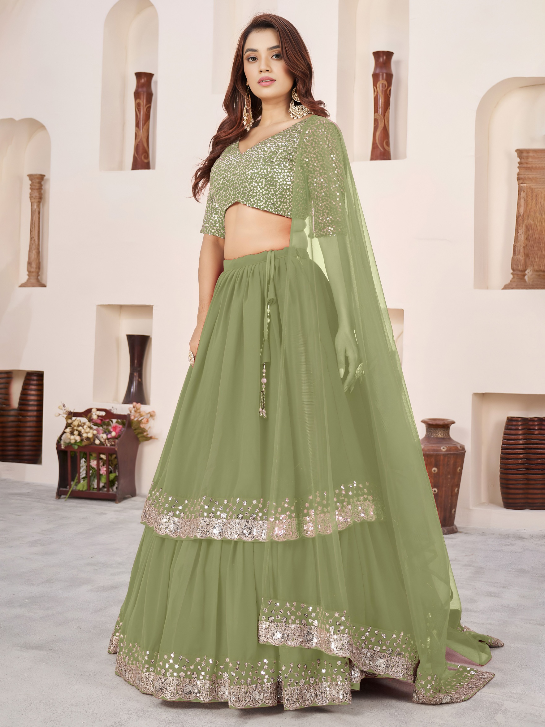 Olive Zari Embroidered Layered Lehenga Choli