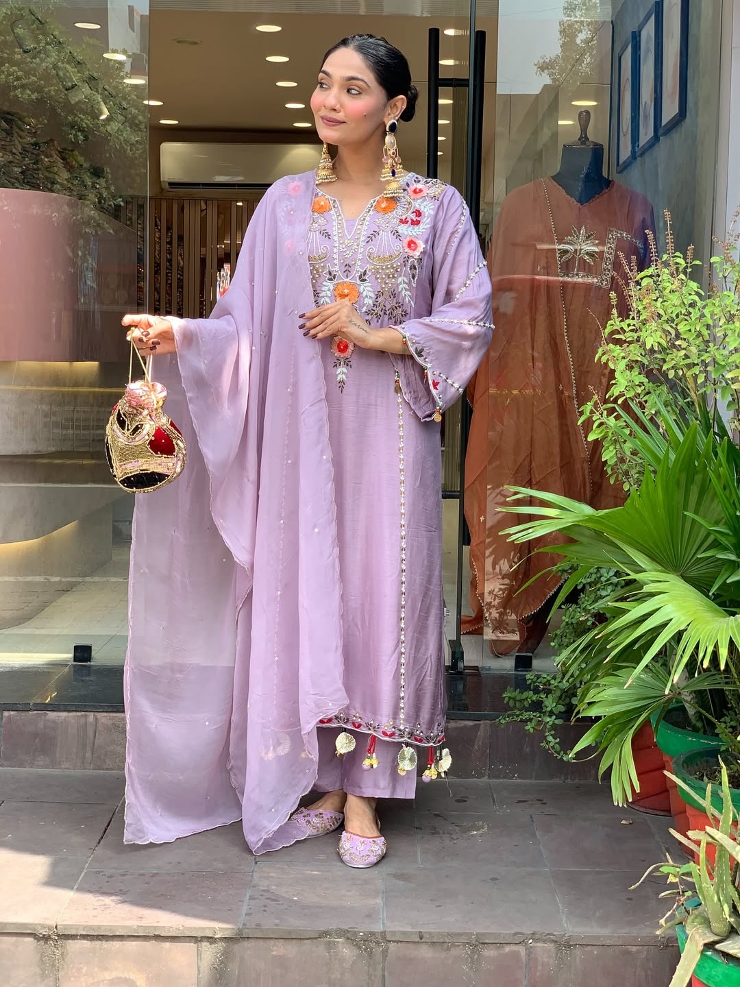 Onion Chanderi Embroidered Kurta Set