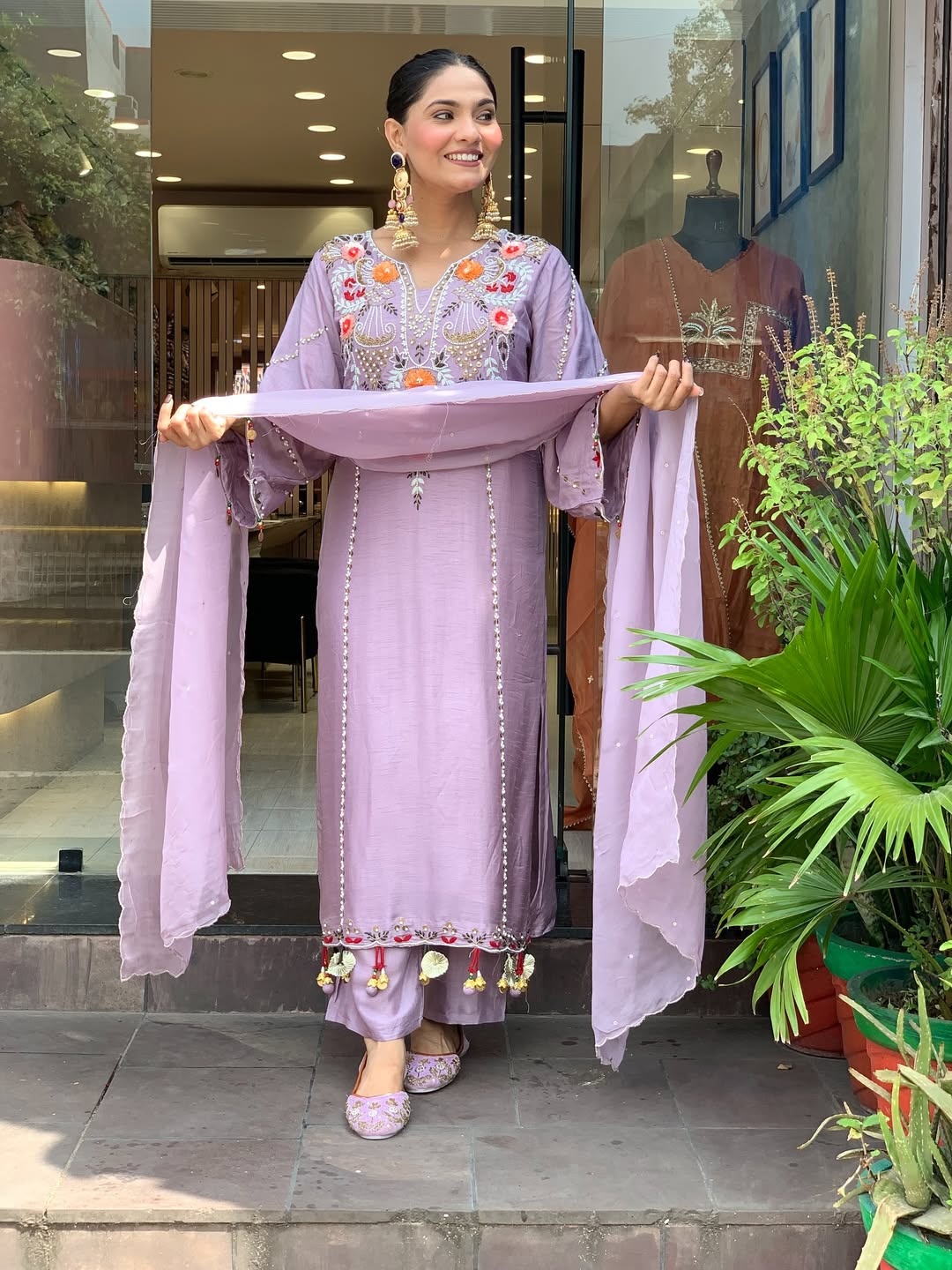 Onion Chanderi Embroidered Kurta Set