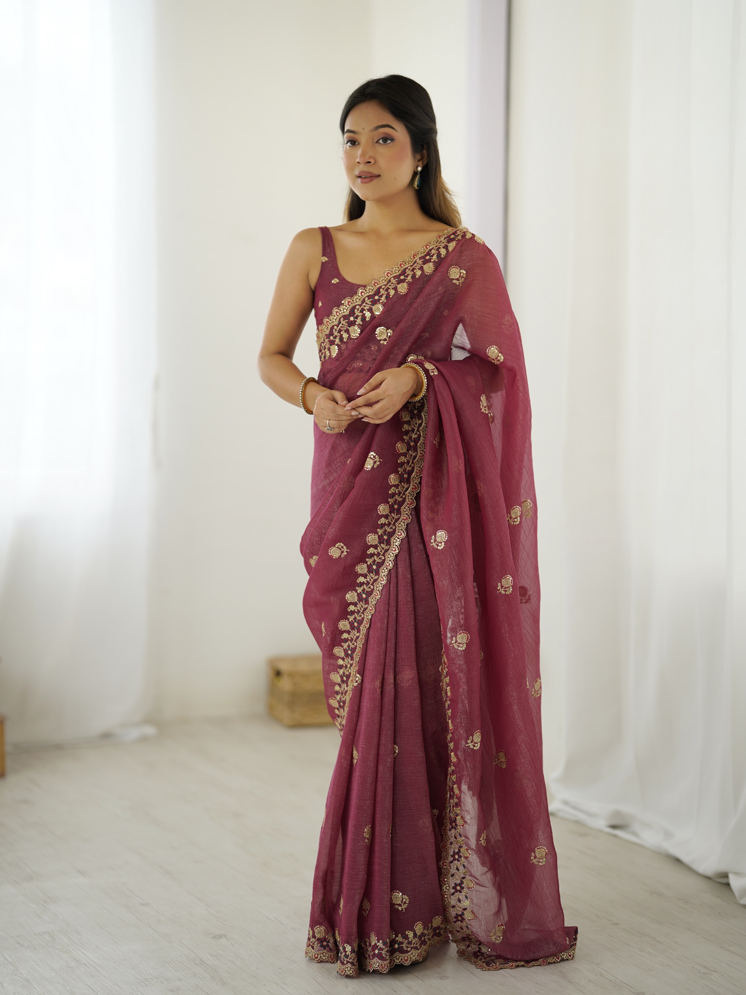 Onion Crunchy Sequin Embroidered Saree