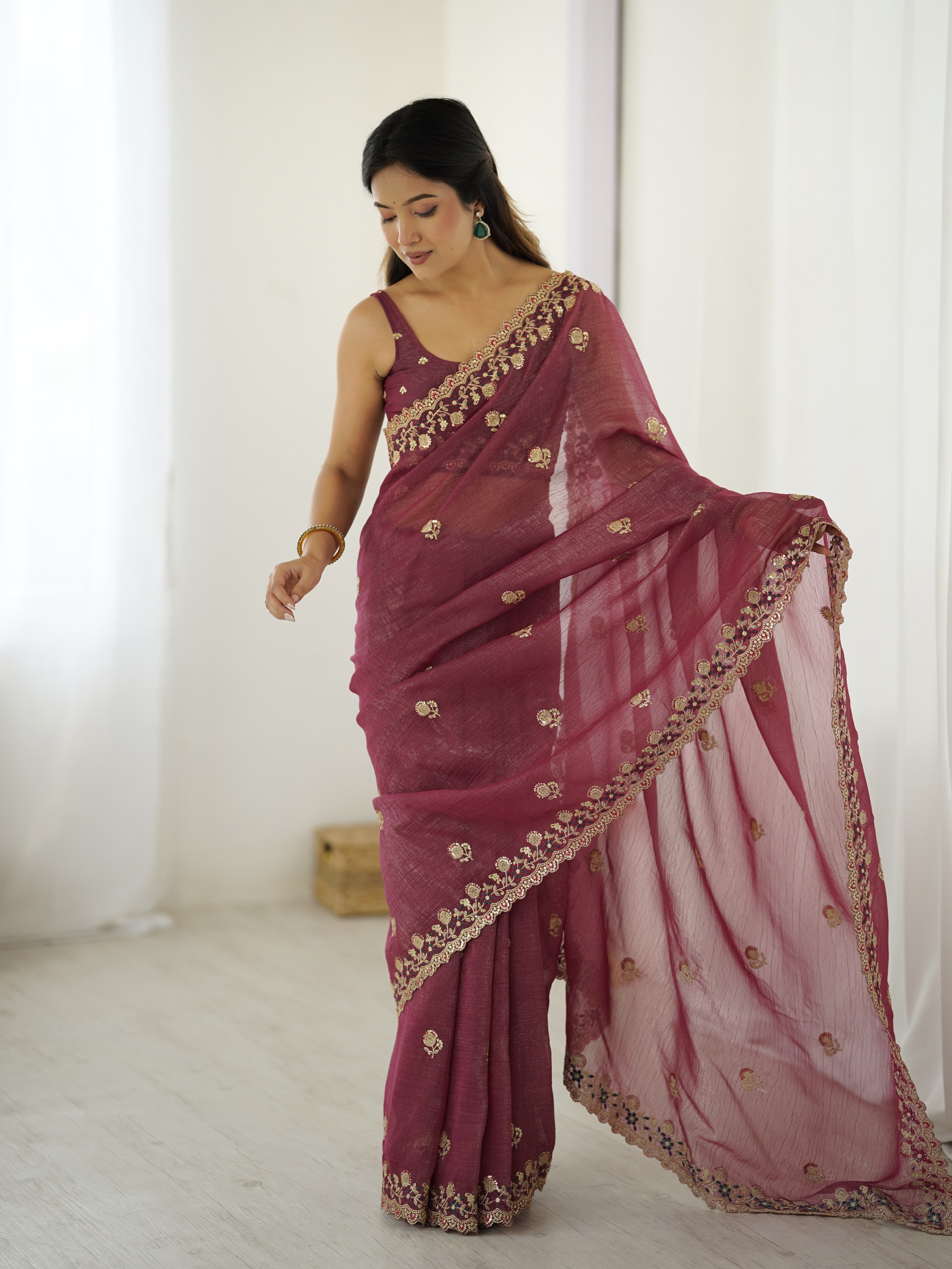 Onion Crunchy Sequin Embroidered Saree — alternate view