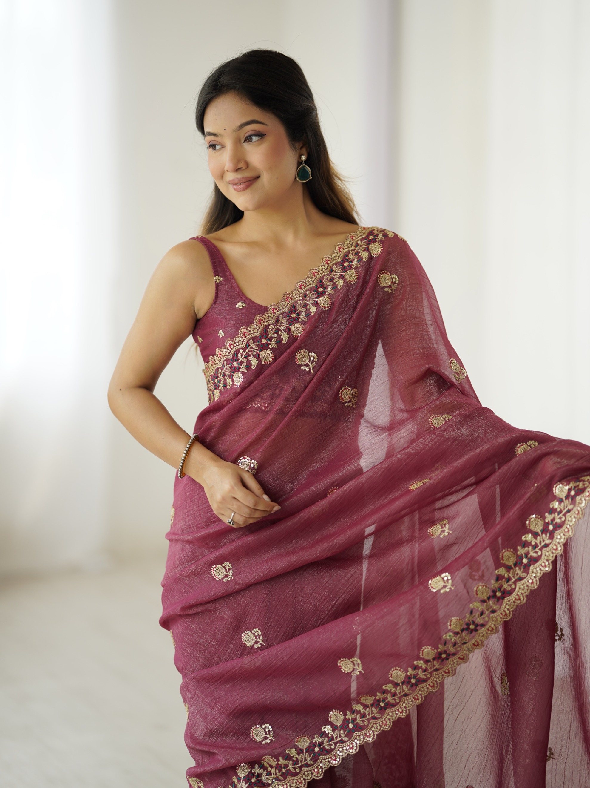 Onion Crunchy Sequin Embroidered Saree