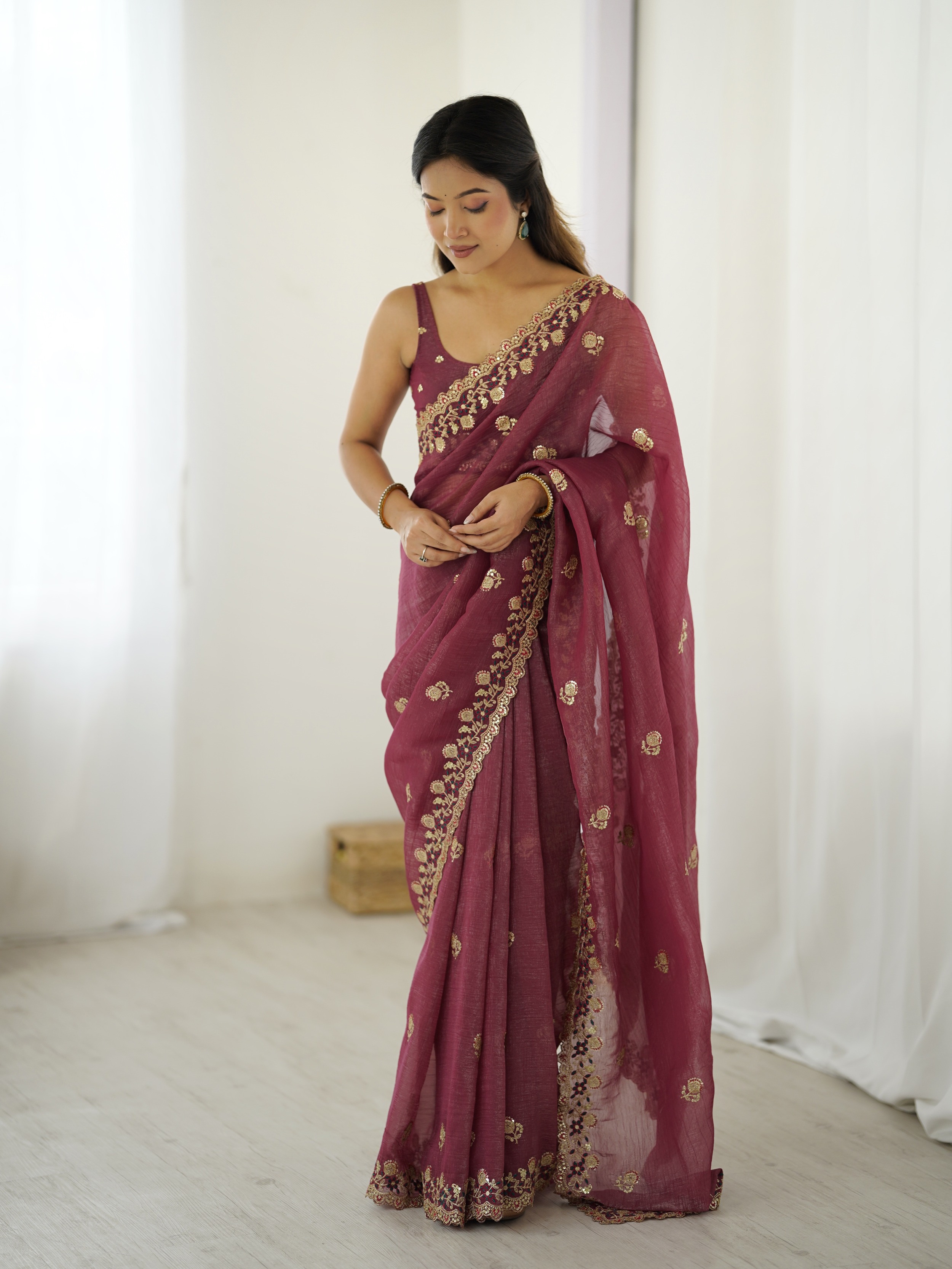 Onion Crunchy Sequin Embroidered Saree