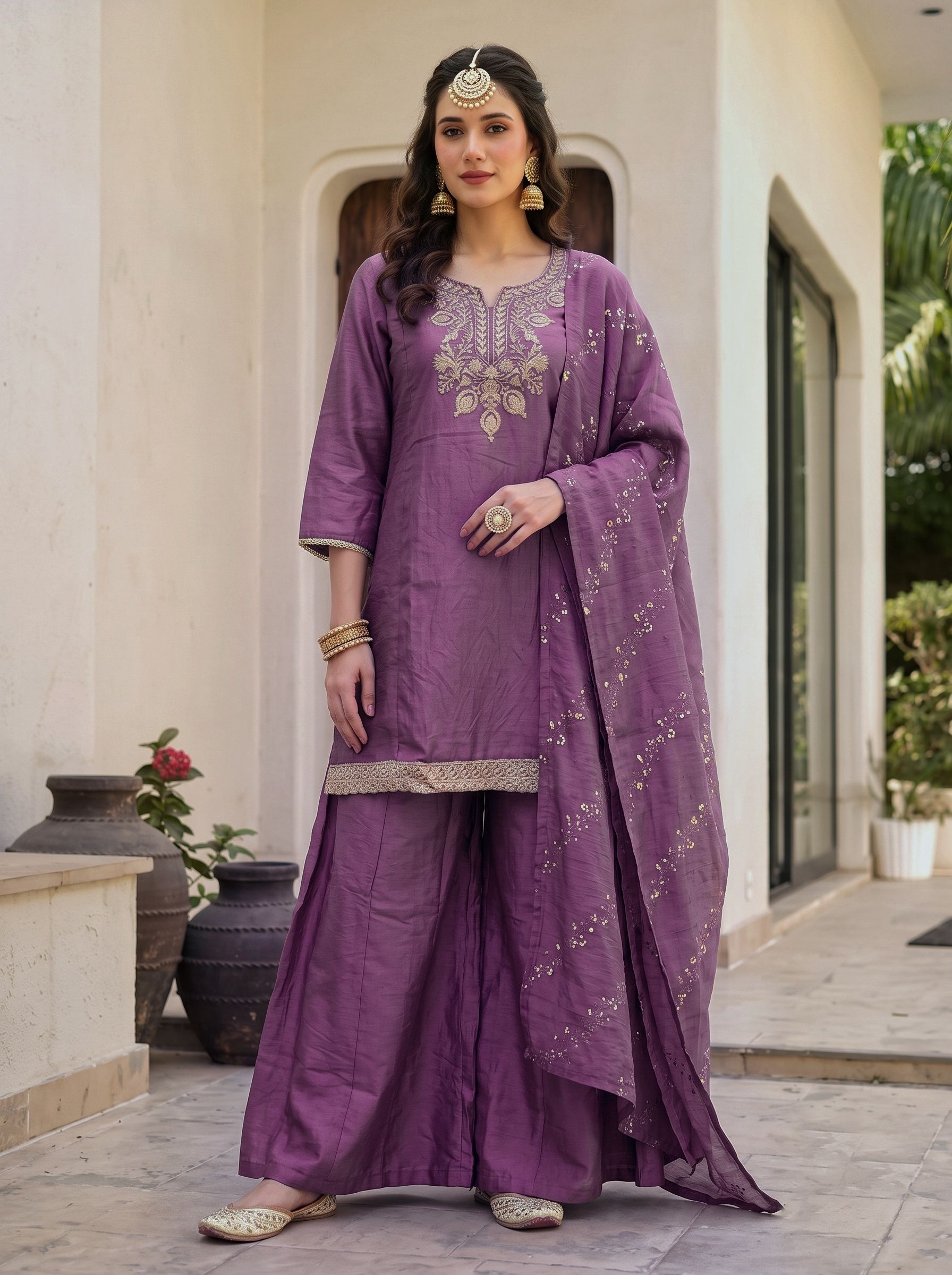 Onion Embroidered Gold Silk Palazzo Suit