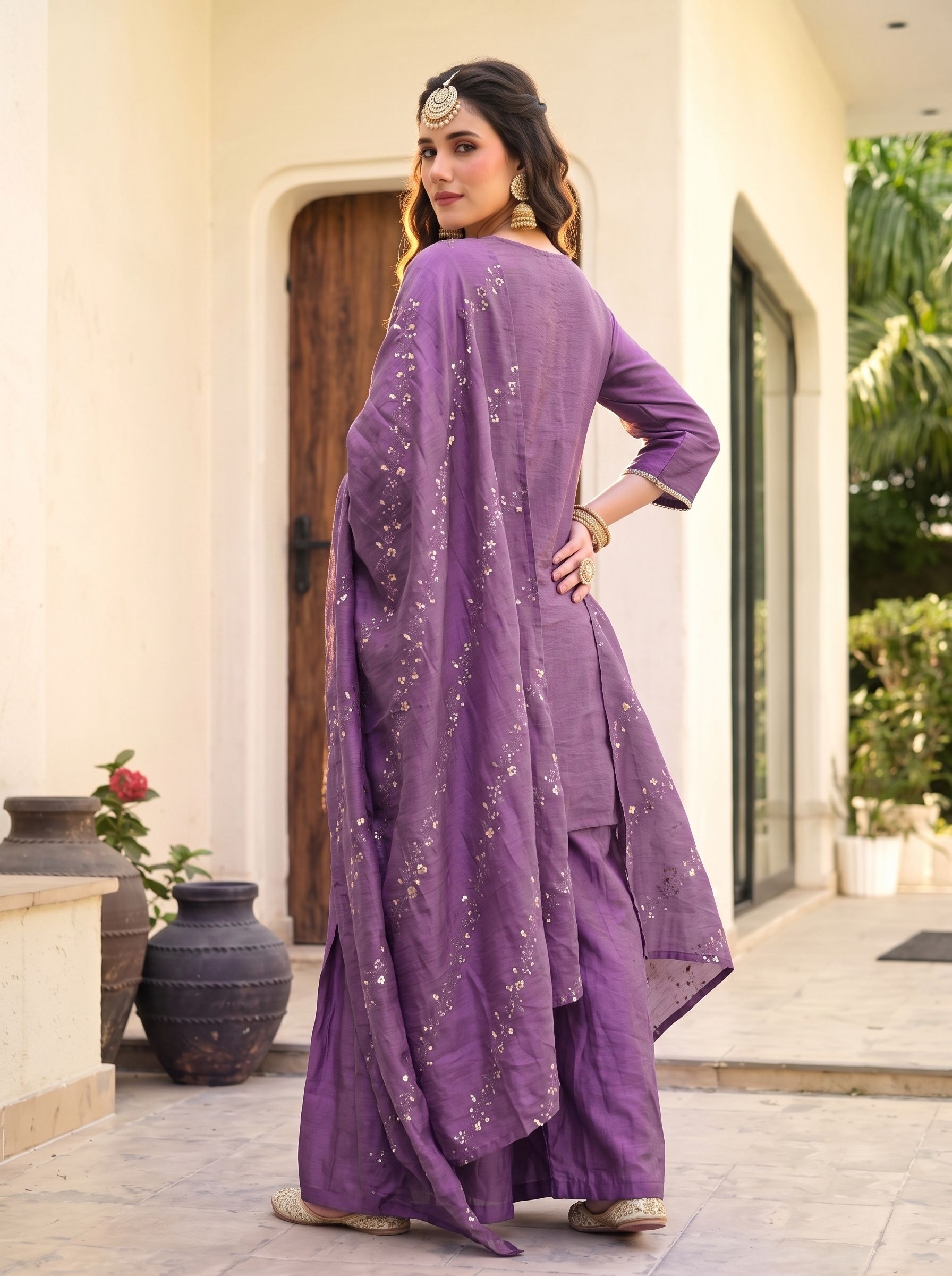 Onion Embroidered Gold Silk Palazzo Suit — alternate view