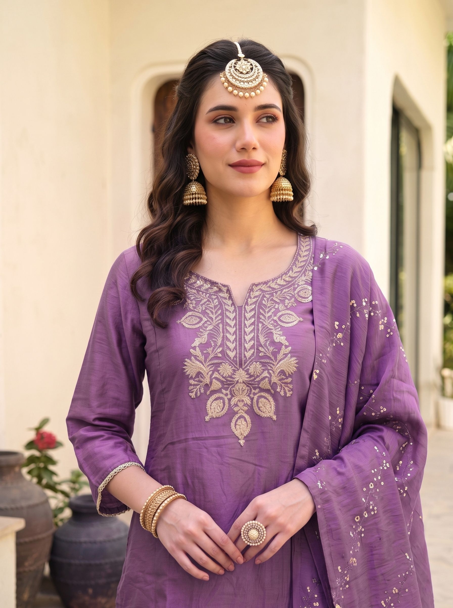 Onion Embroidered Gold Silk Palazzo Suit