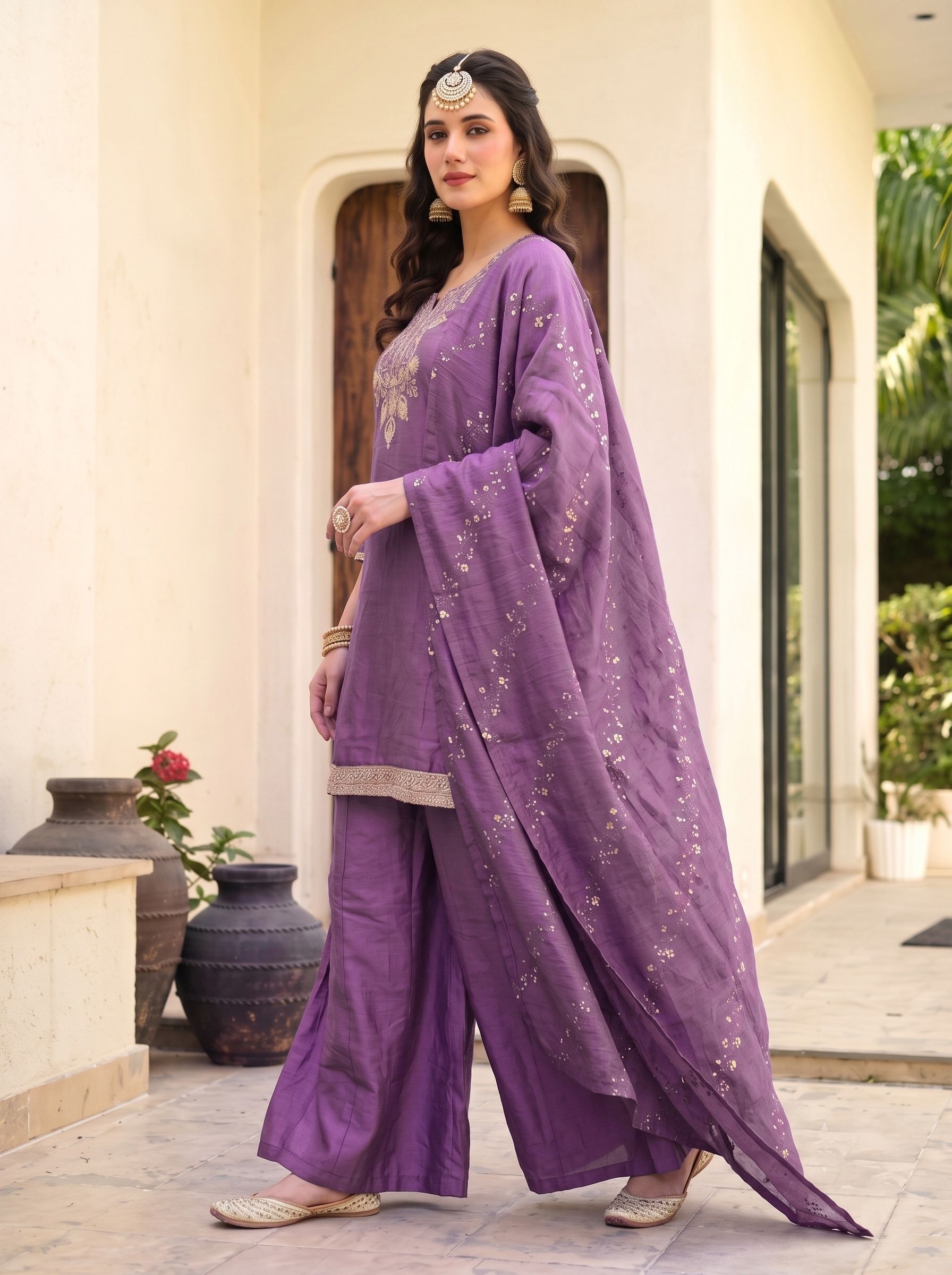 Onion Embroidered Gold Silk Palazzo Suit