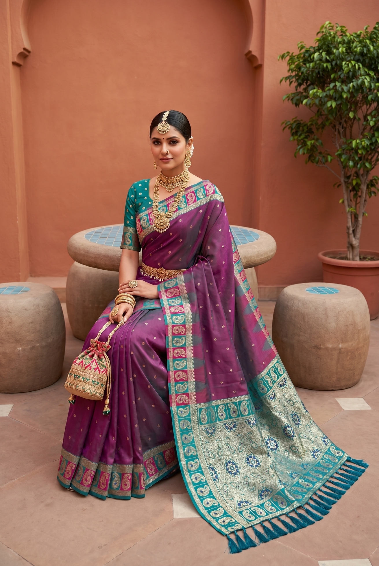 Onion Ethnic Motif Woven Soft Silk Saree